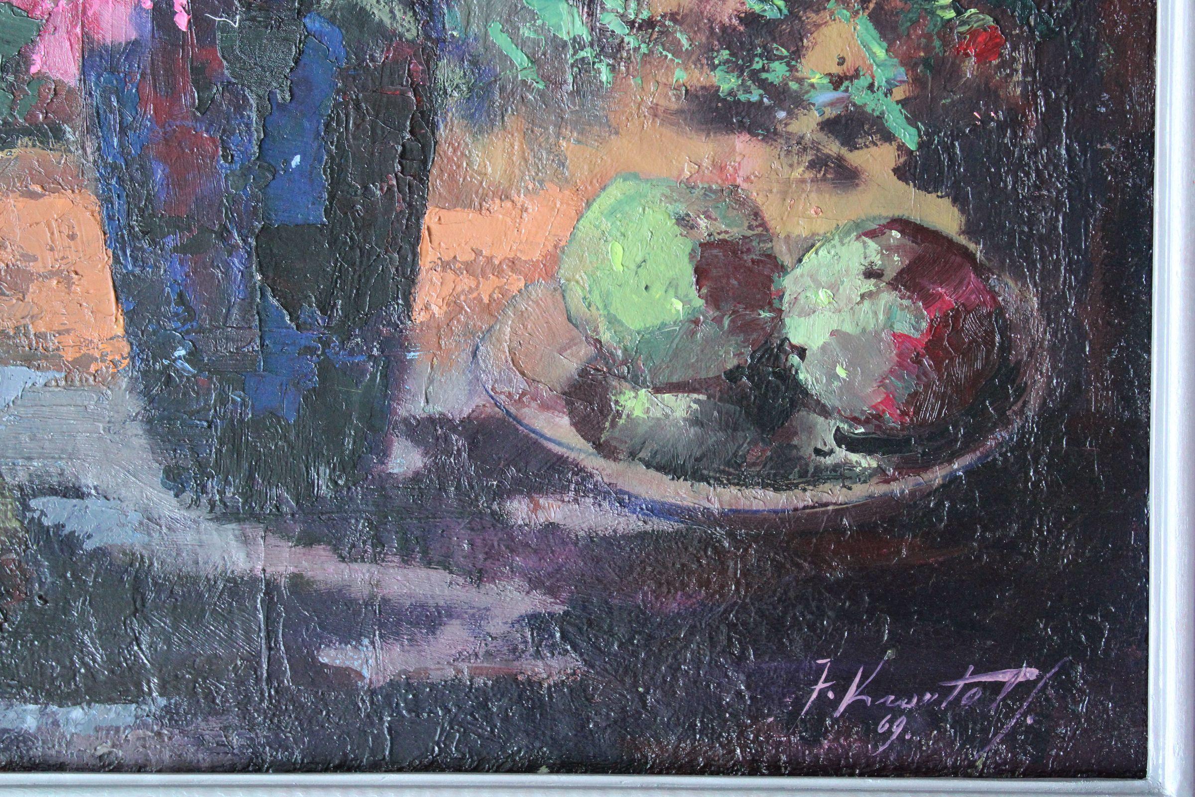 Still life with peonies. 1969, plywood, oil, 68x59 cm - Impressionist Painting by Janis Krontals 