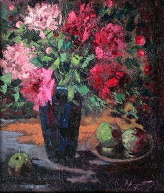 Vintage Still life with peonies. 1969, plywood, oil, 68x59 cm
