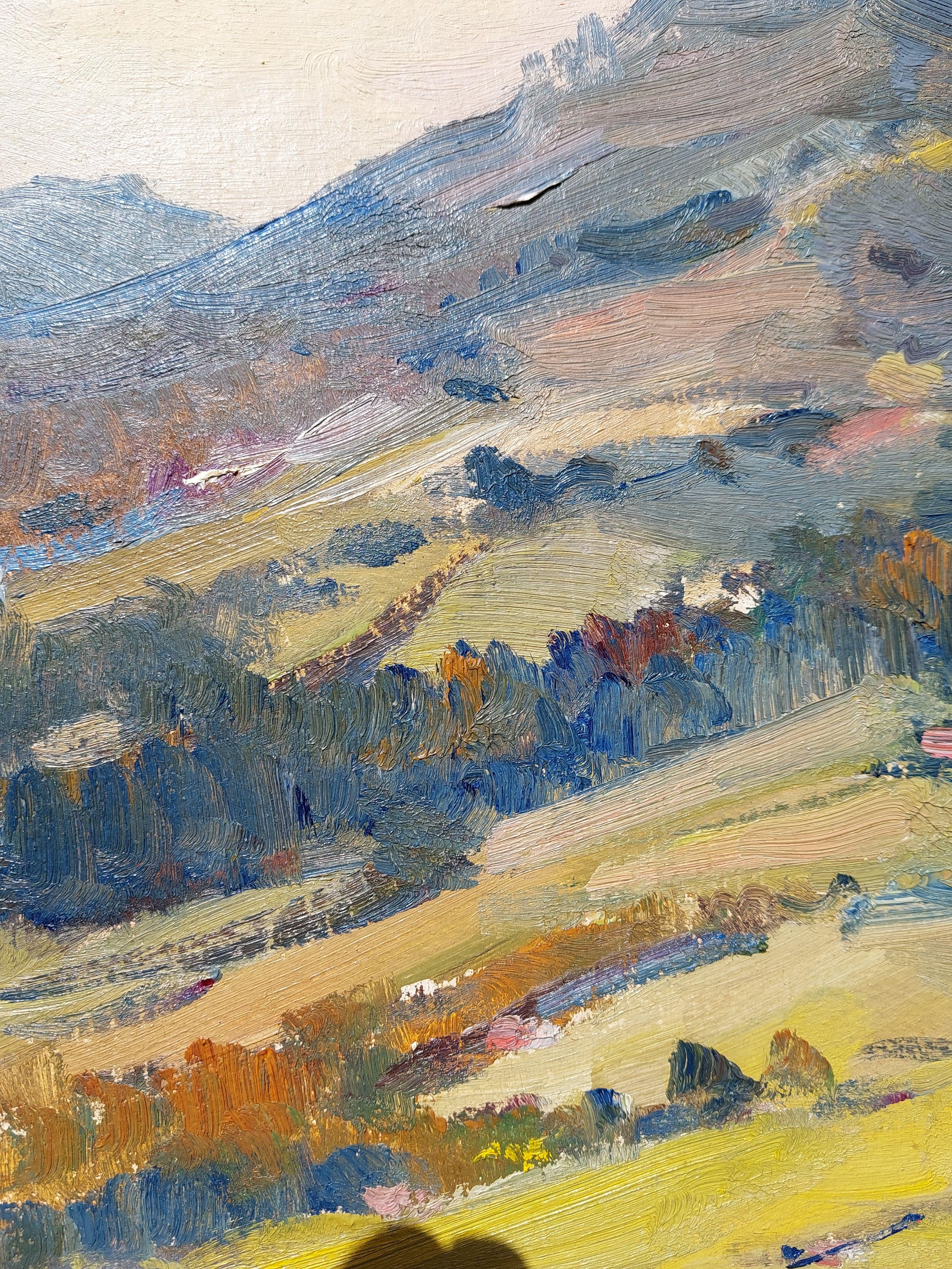 Mountain landscape with a village. 1980. Cardboard, oil. 49, 5x70cm For Sale 4