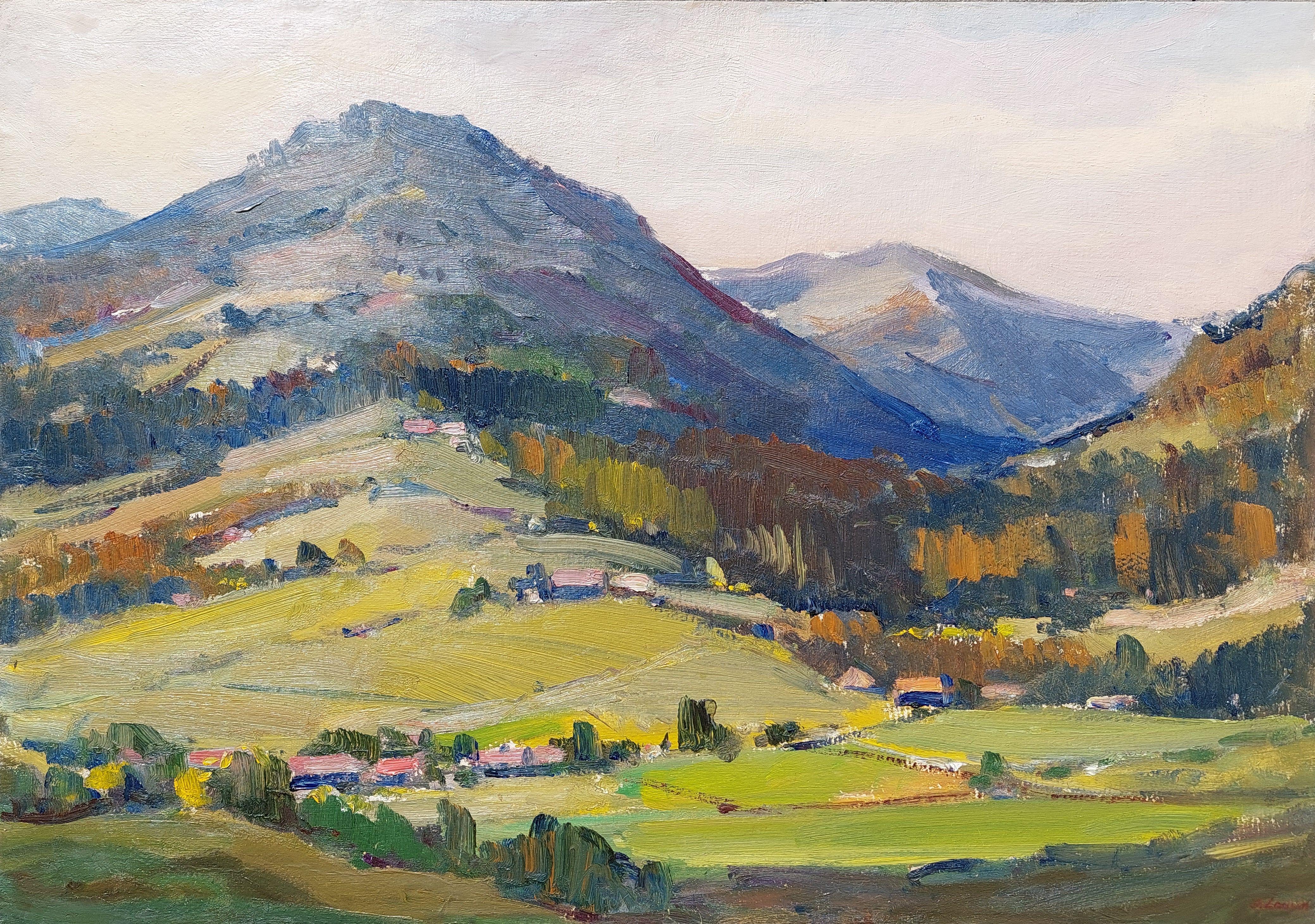 Mountain landscape with a village. 1980. Cardboard, oil. 49,5x70cm

In this work artist paid attention to infinite landscape depiction of mountains in summertime. Mountains are thought to contain divine inspiration in many forms, and are the focus