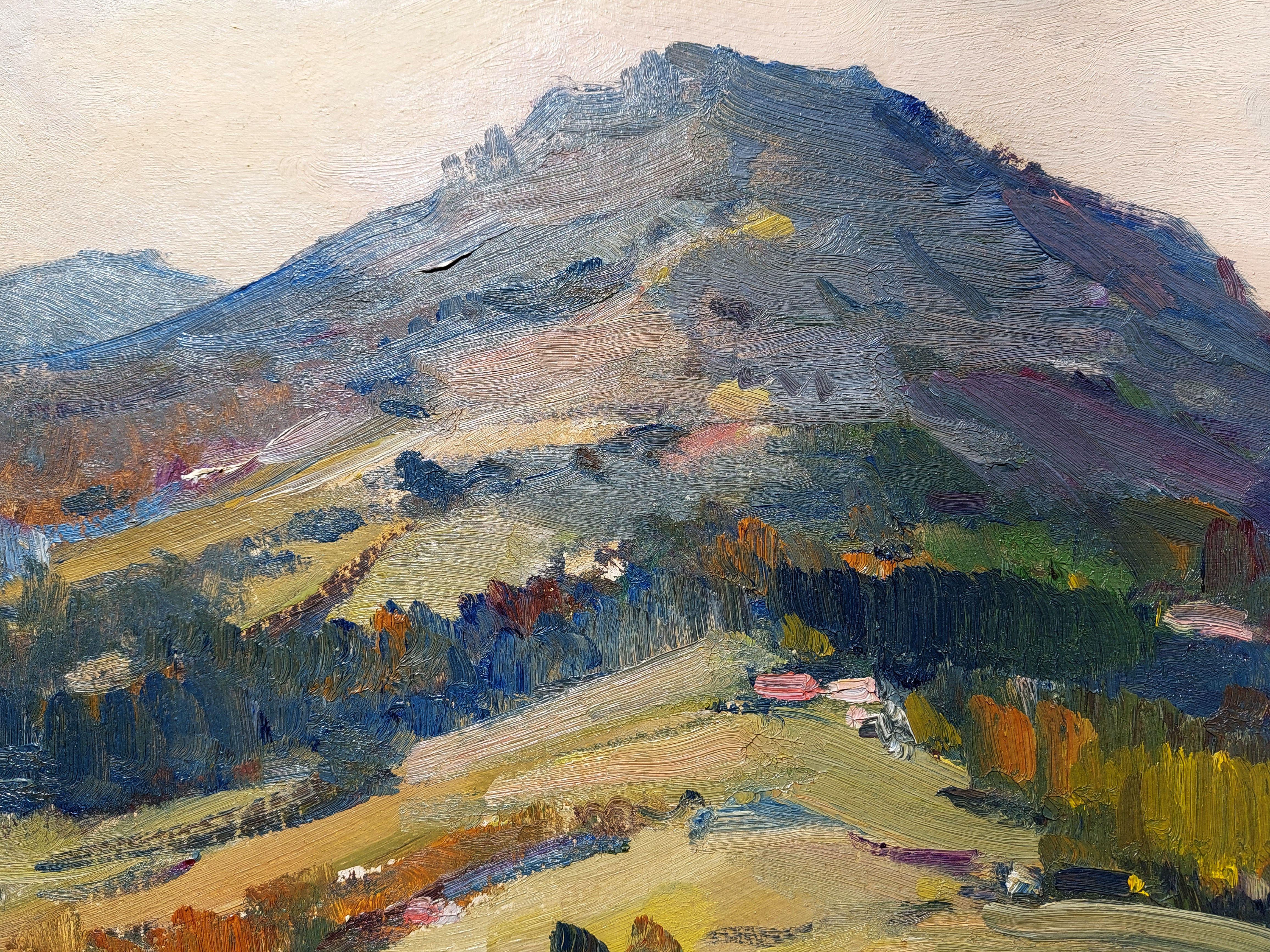 Mountain landscape with a village. 1980. Cardboard, oil. 49, 5x70cm - Gray Figurative Painting by Janis Lauva