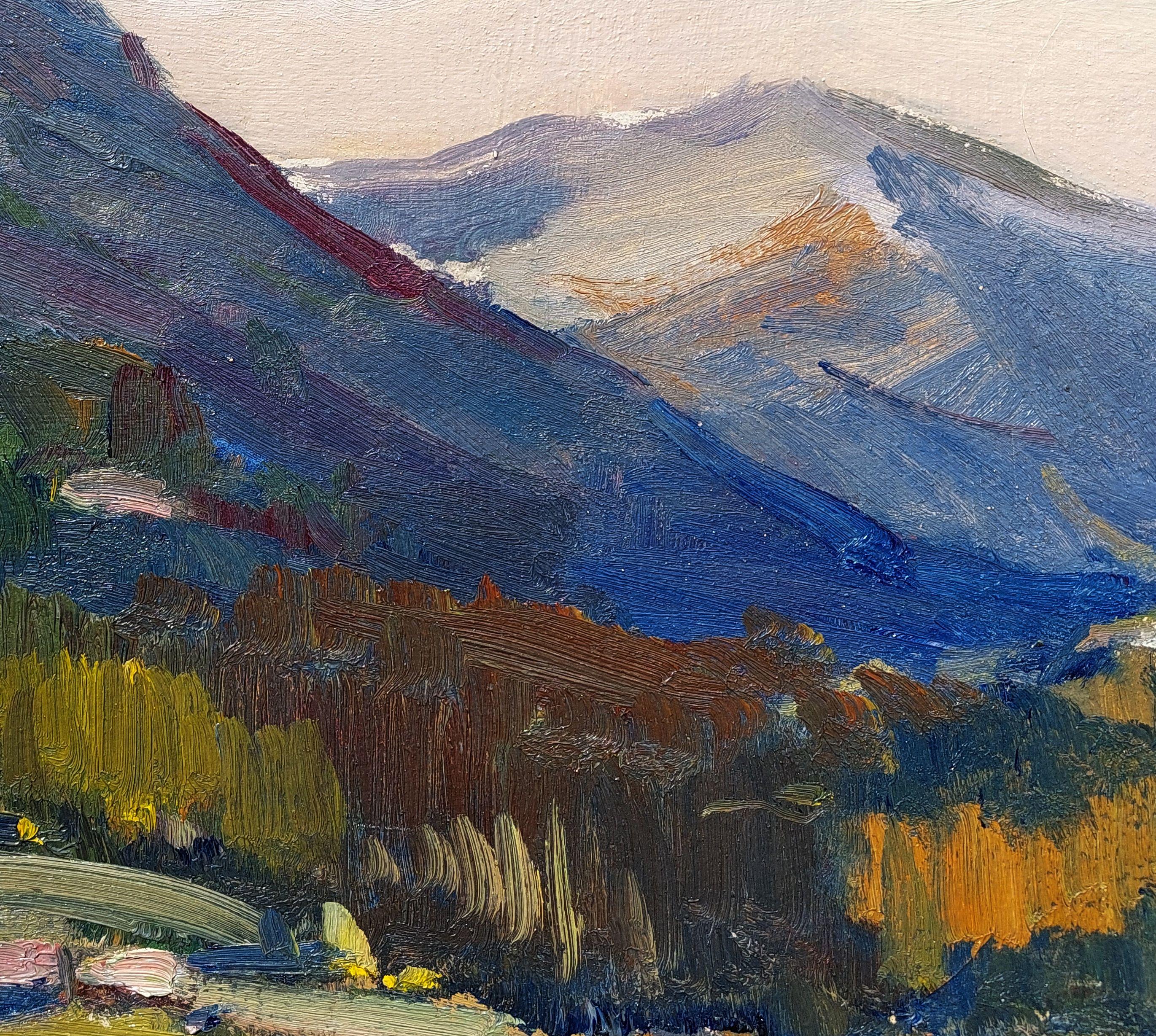 Mountain landscape with a village. 1980. Cardboard, oil. 49, 5x70cm For Sale 1