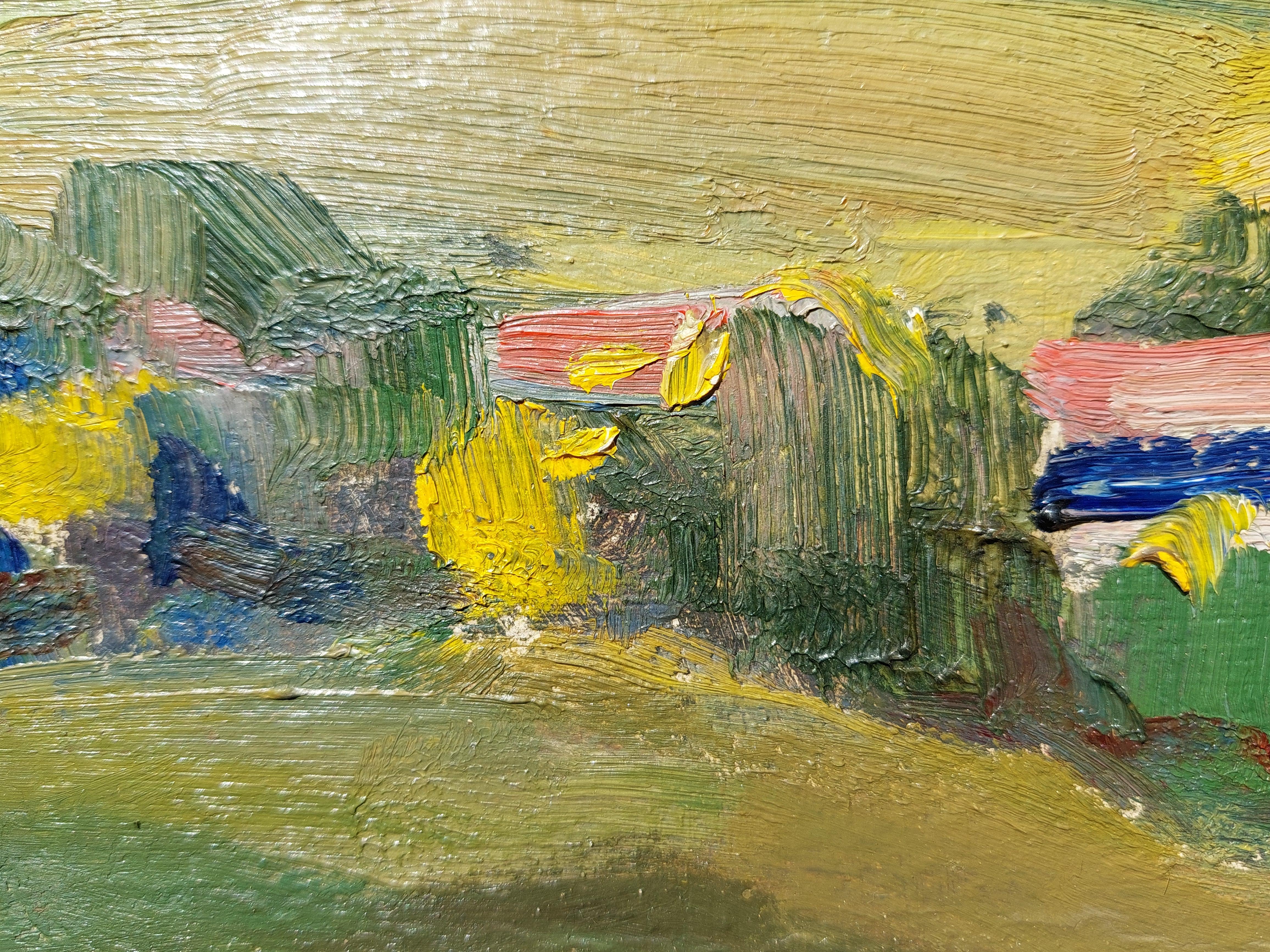 Mountain landscape with a village. 1980. Cardboard, oil. 49, 5x70cm For Sale 2