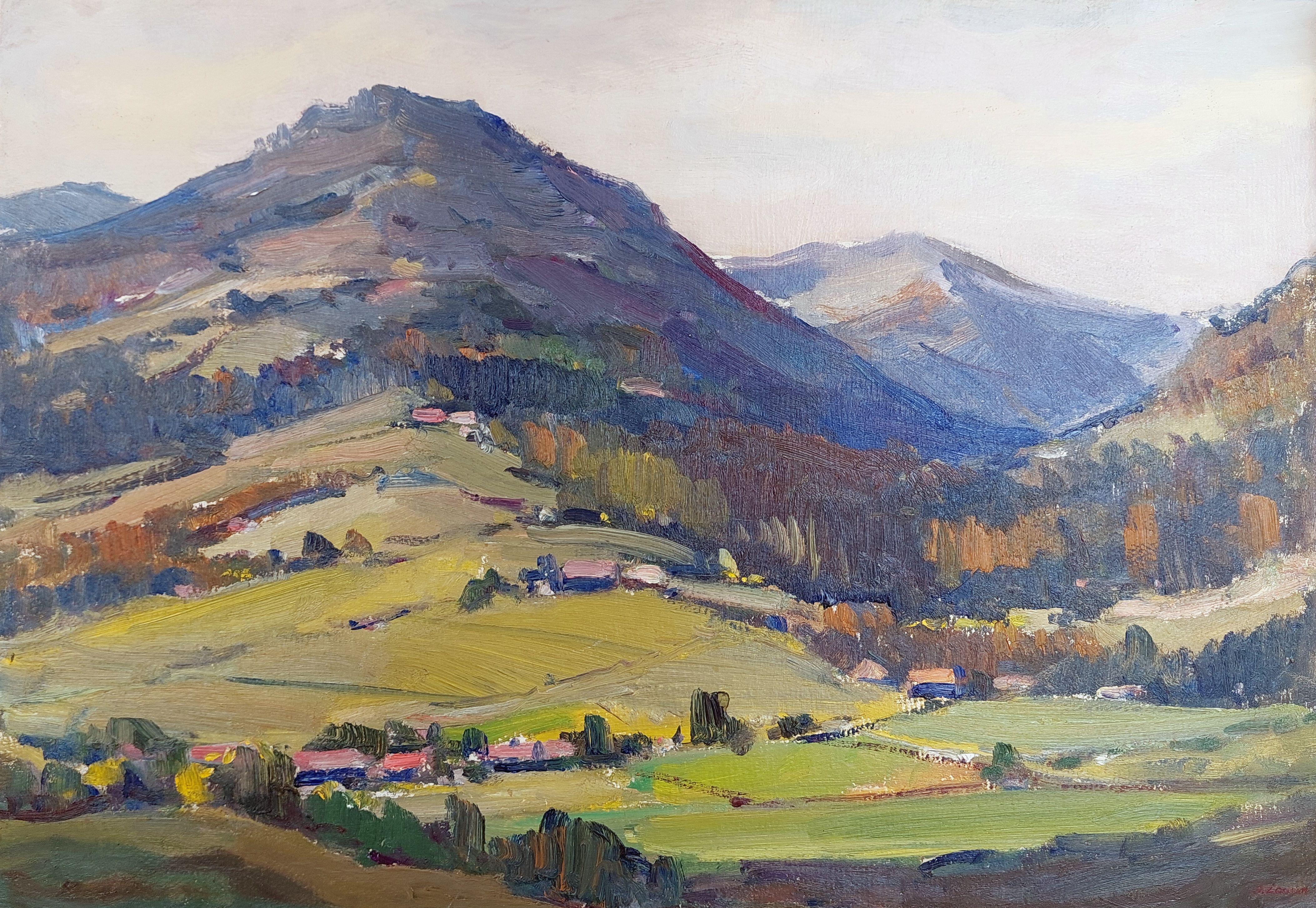 Mountain landscape with a village. 1980. Cardboard, oil. 49, 5x70cm - Painting by Janis Lauva