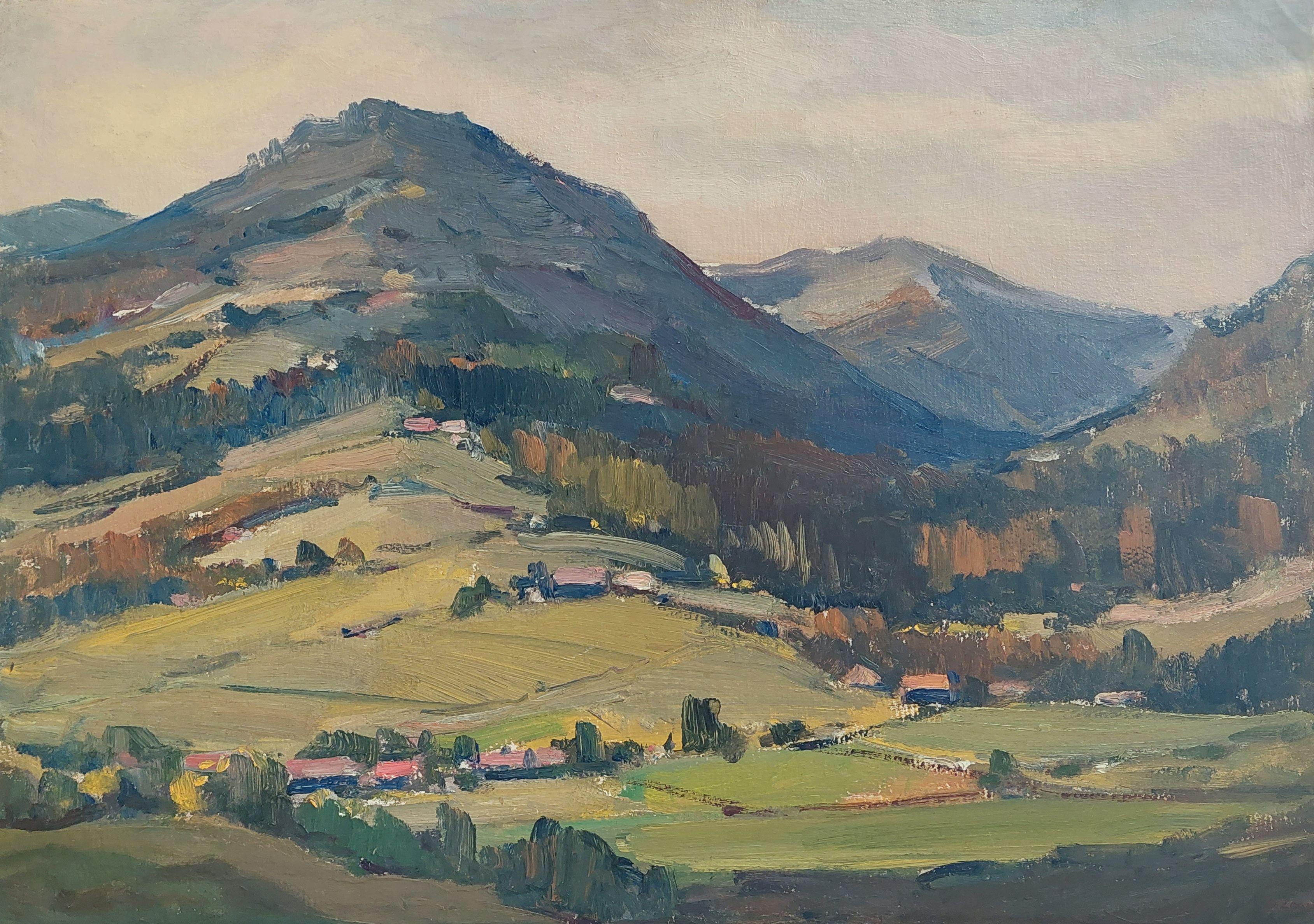 Paysage de montagne avec un village. 1980. Cardboard, huile. 49,5 x70 cm