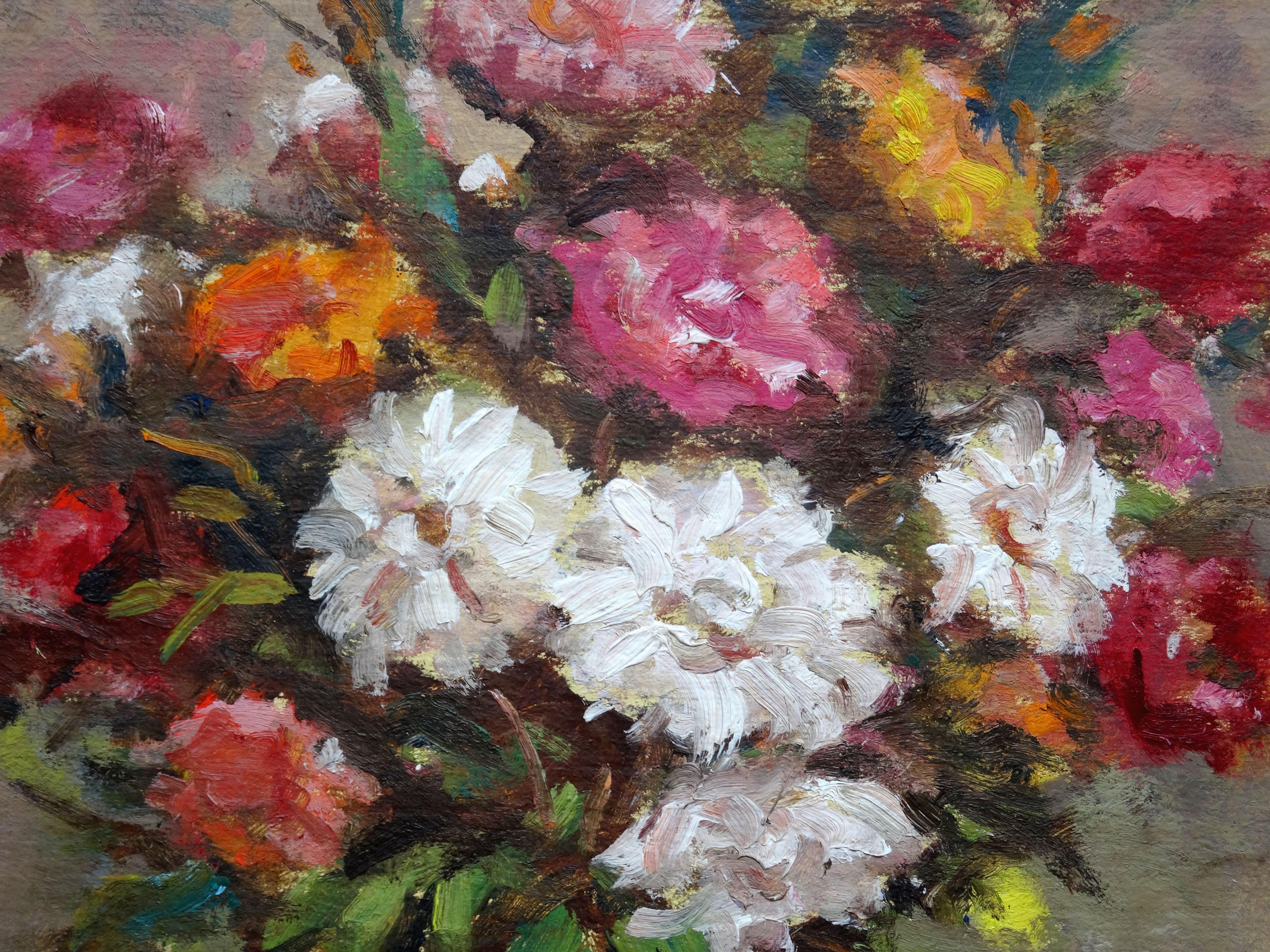 Natura morta con fiori e mele. 1964. Cartone, olio, 63x50,5 cm - Painting di Janis Lauva