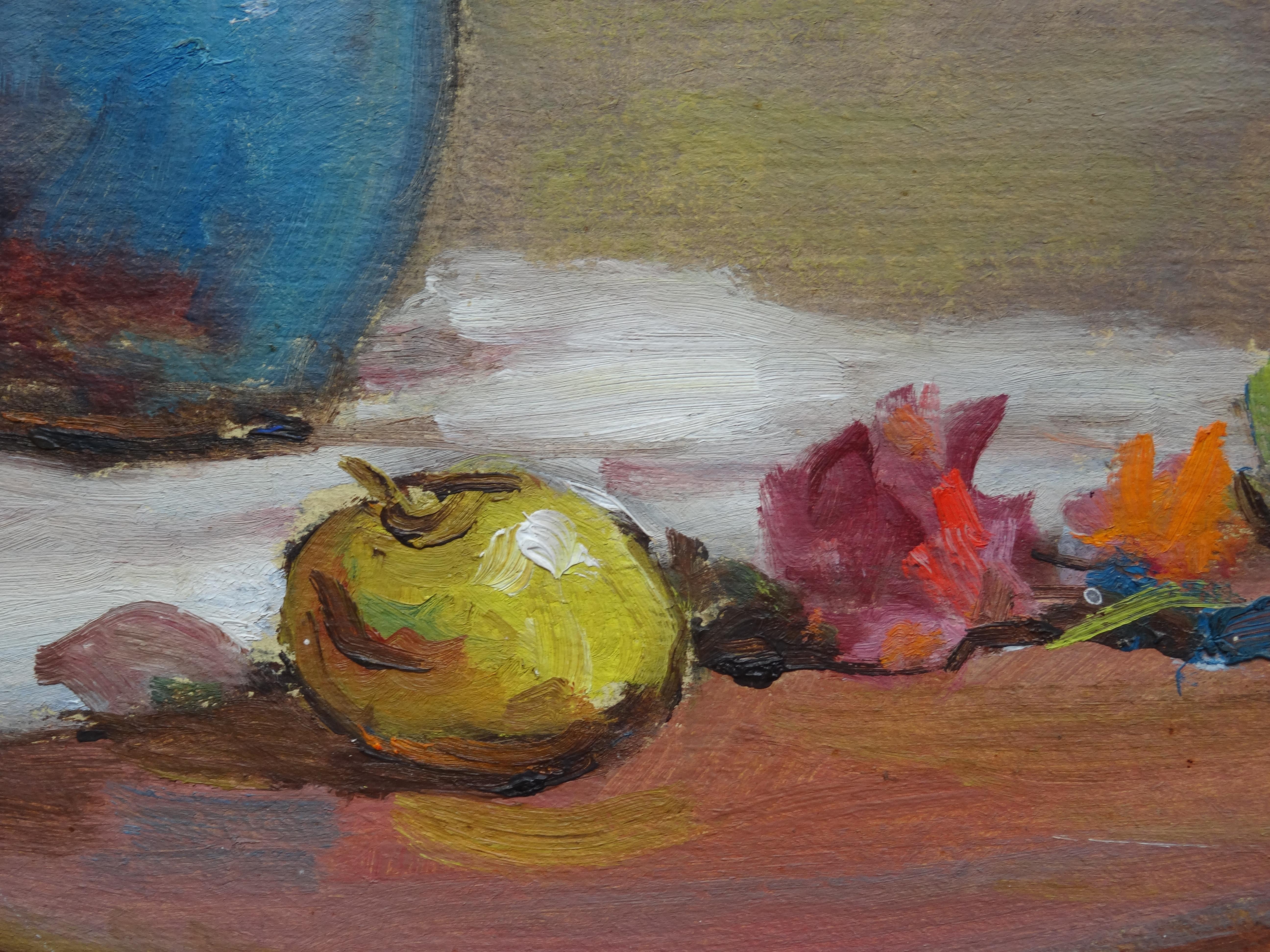 Nature morte avec fleurs et pommes. 1964. Cardboard, huile, 63 x 50,5 cm - Réalisme Painting par Janis Lauva