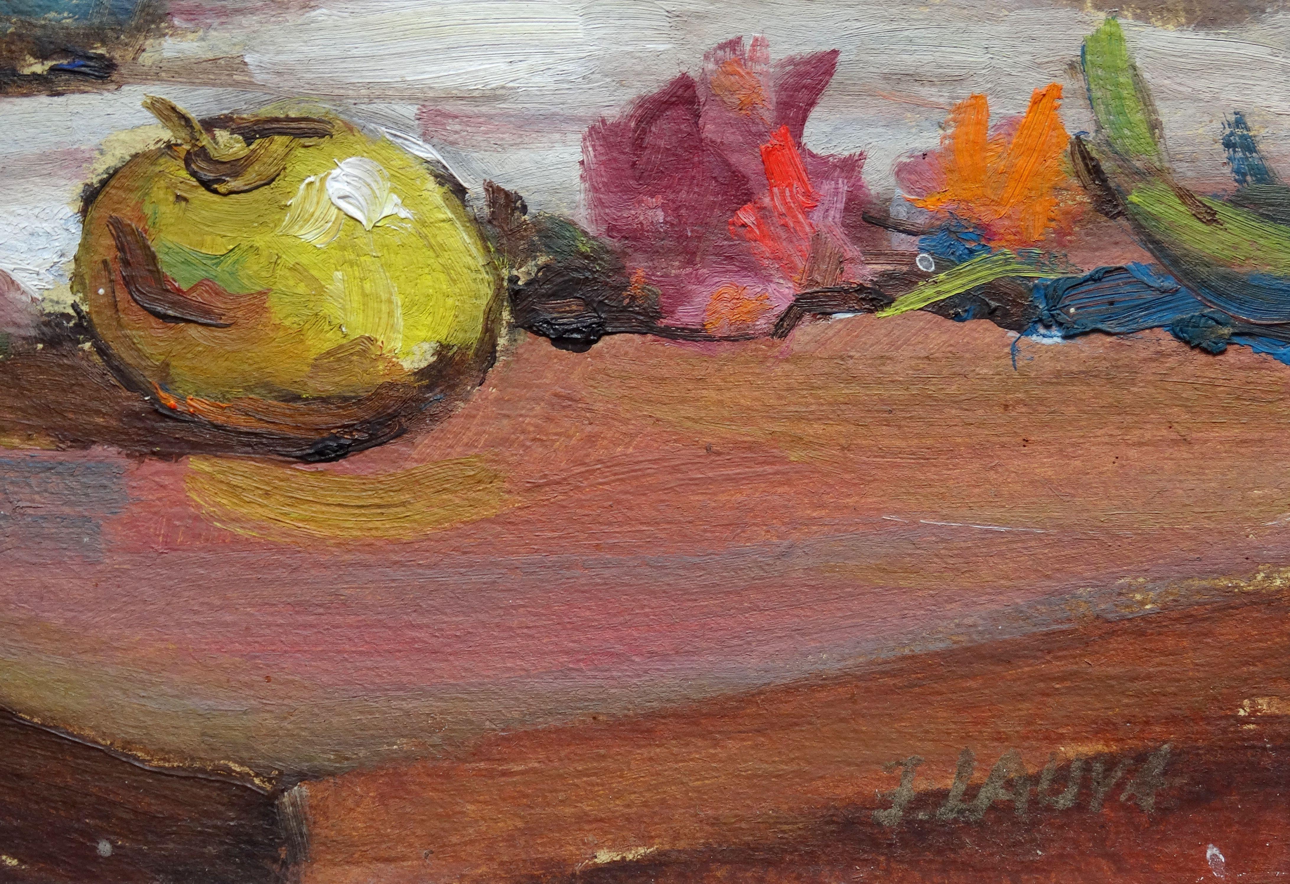 Natura morta con fiori e mele. 1964. Cartone, olio, 63x50,5 cm - Landscape Painting Marrone di Janis Lauva