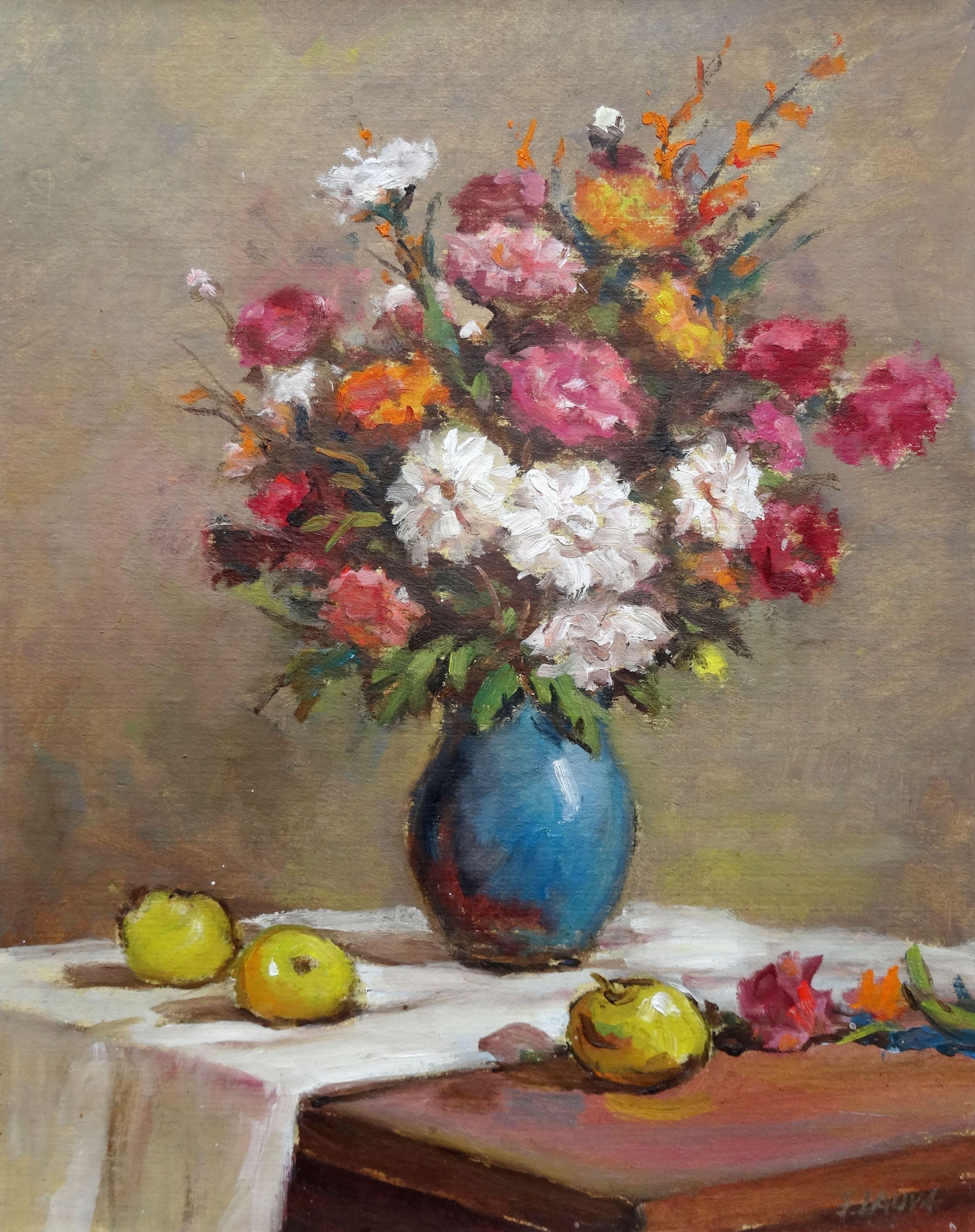 Still life with flowers and apples. 1964. Cardboard, oil, 63x50.5 cm