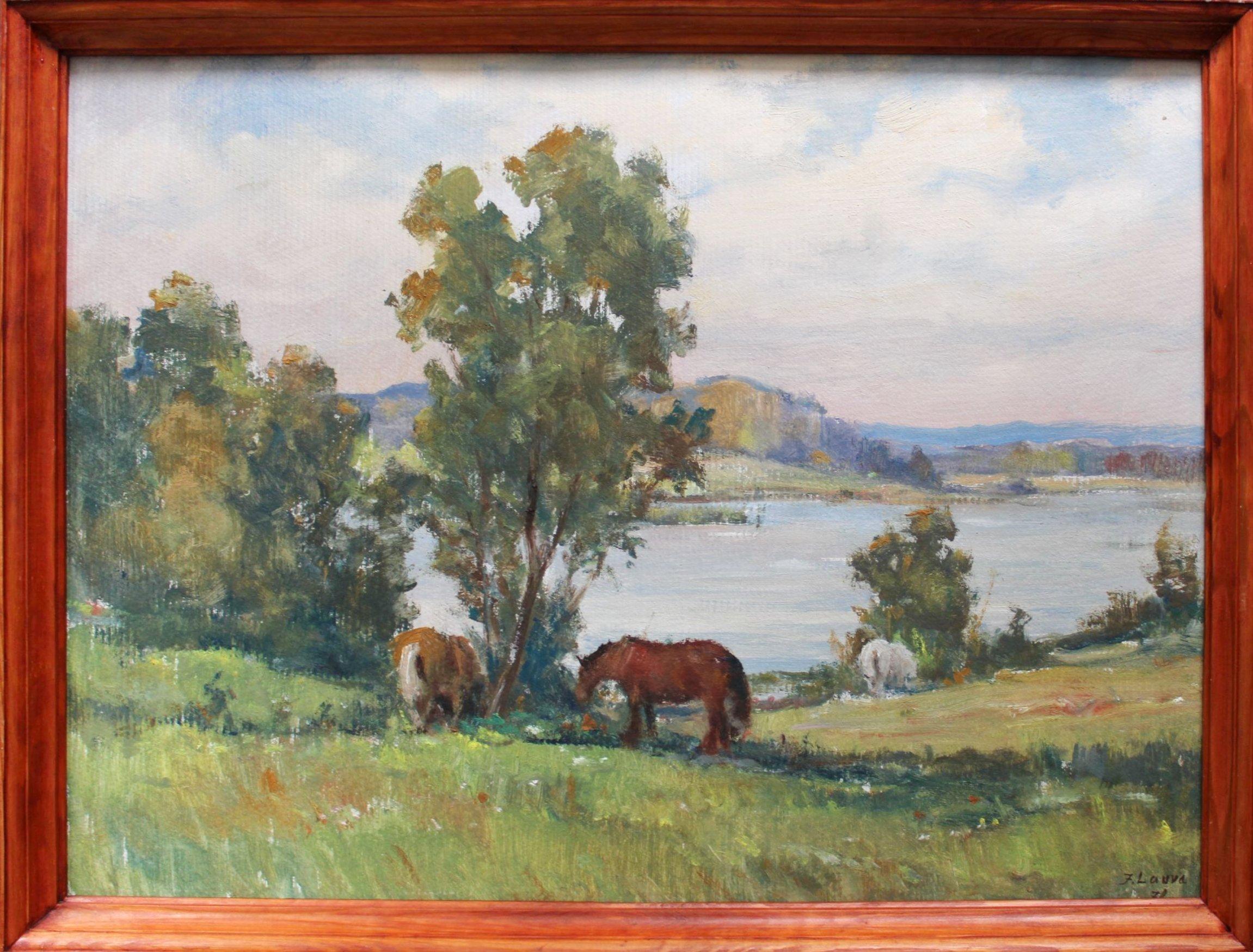 Pferde am See, Karton/Öl, 50x69 cm, 1960 – Painting von Janis Lauva 