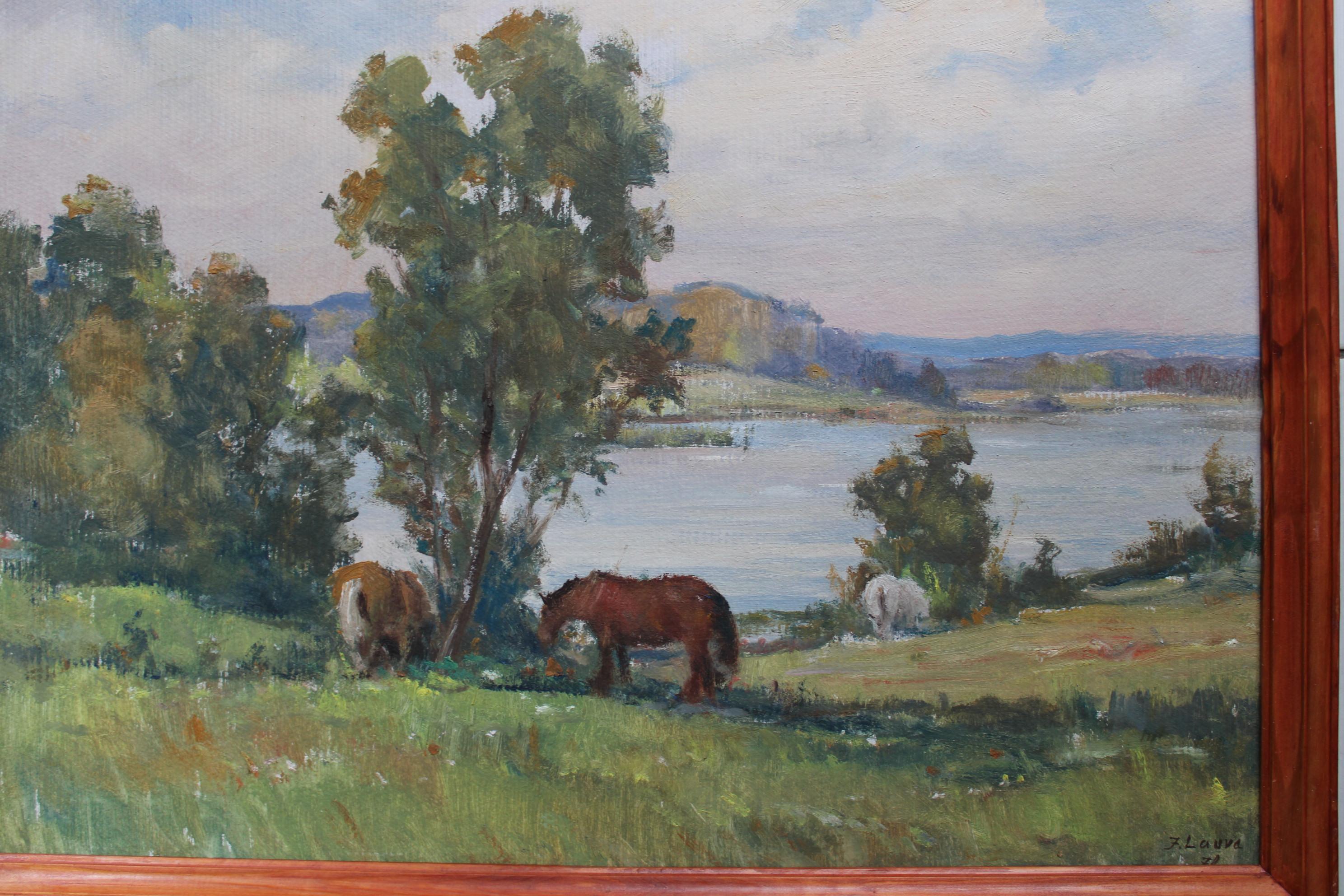 Pferde am See, Karton/Öl, 50x69 cm, 1960 (Realismus), Painting, von Janis Lauva 
