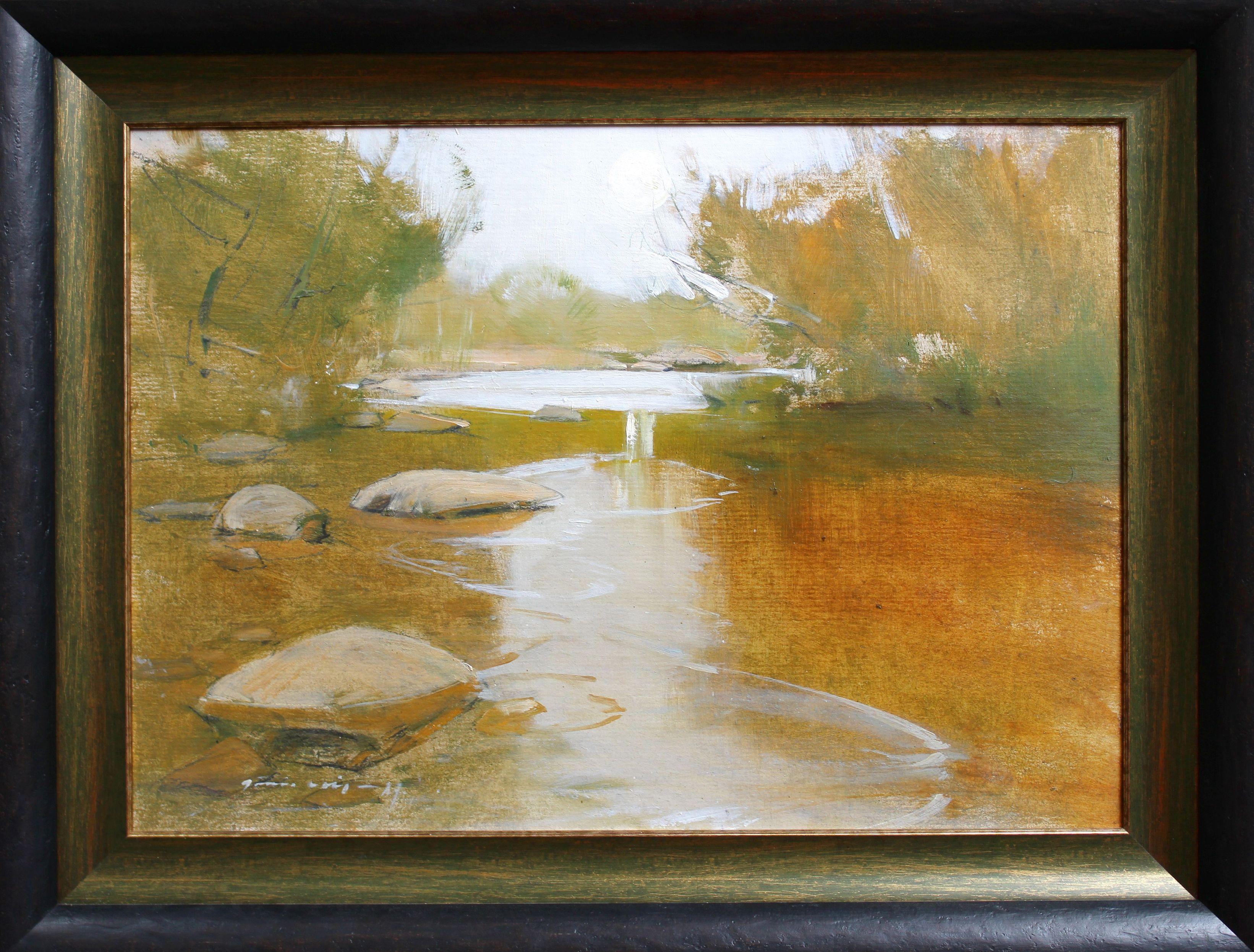 River at Skulte. 1981., cardboard, oil, 35x49 cm - Painting by Janis Osis