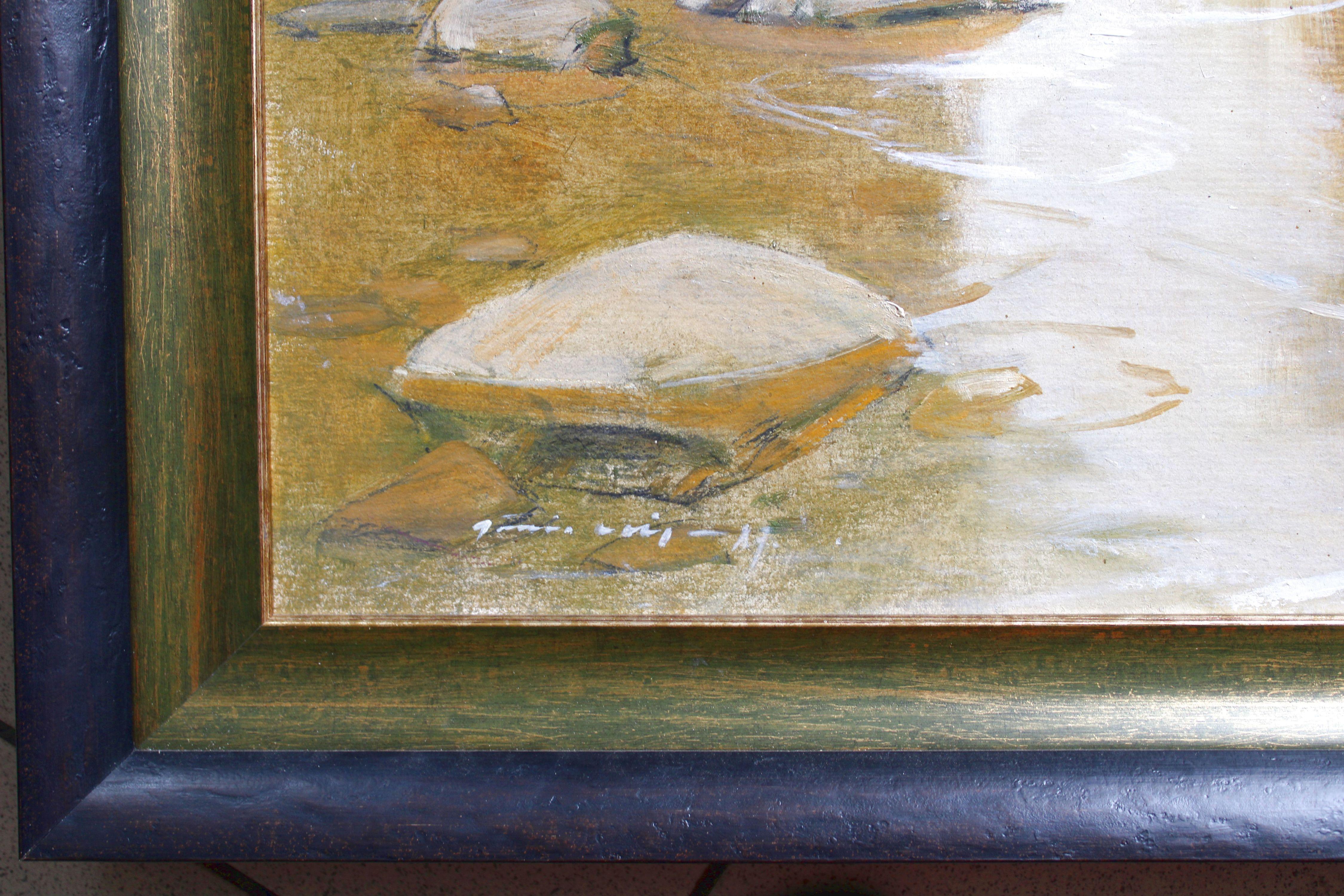 Fiume a Skulte. 1981., cartone, olio, 35x49 cm - Landscape Painting Marrone di Janis Osis