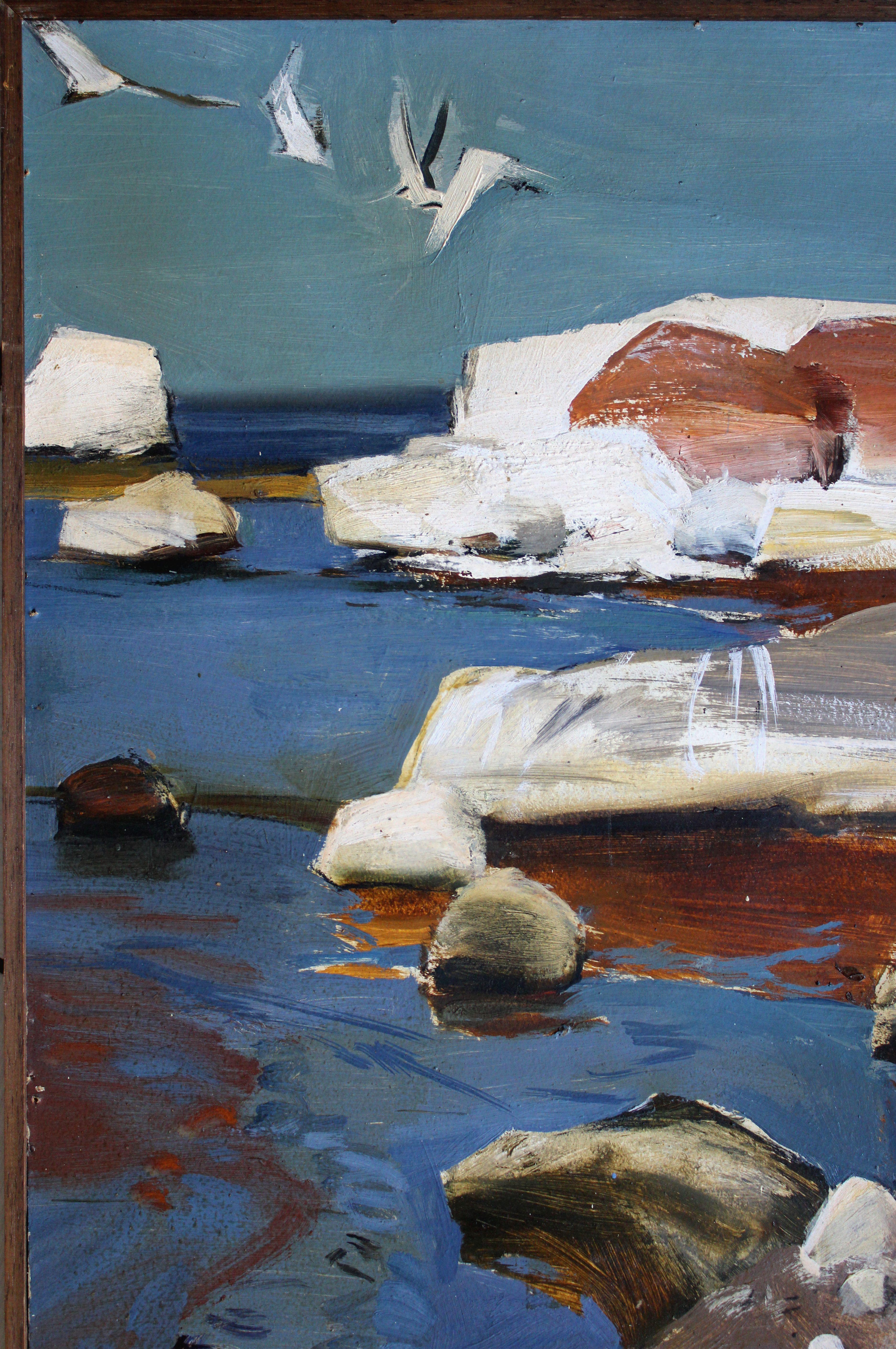 Piedras de la costa. óleo sobre cartón, 80x50 cm - Landscape Painting Gris de Janis Osis