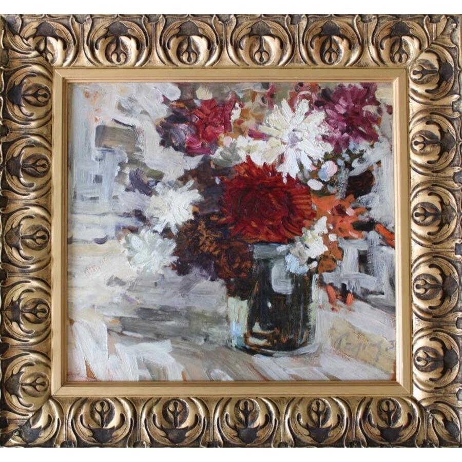 Flores en jarrón. 1931. Óleo sobre cartón 45x50 cm - Painting de Janis Pupols