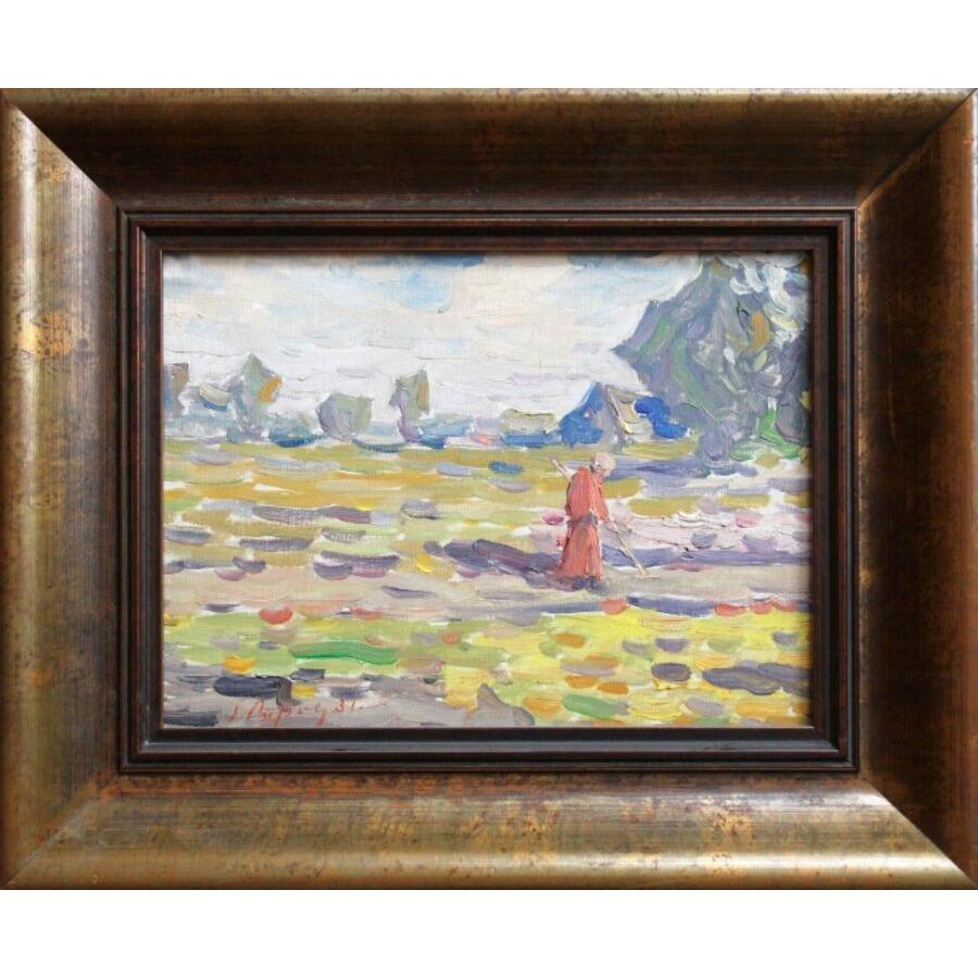 Nel prato. 1931. Olio su tela, 25x34 cm - Painting di Janis Pupols