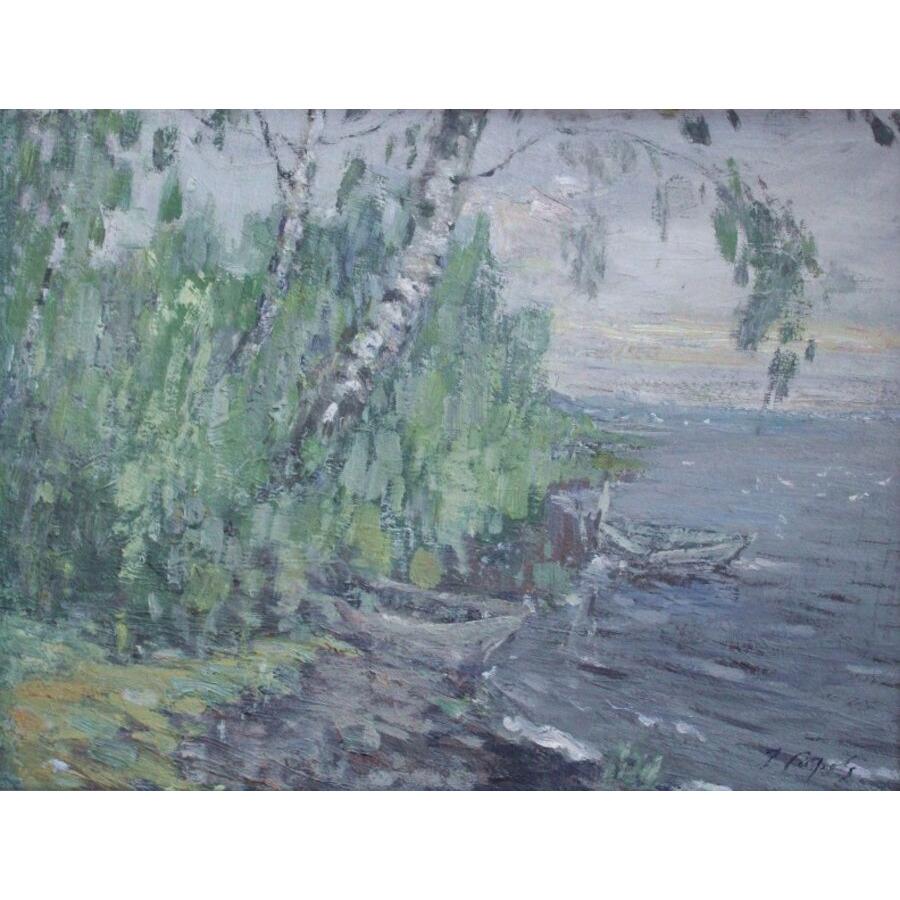 Landscape Painting de Janis Pupols - Costa del lago. Óleo sobre tabla, 35,5x47,5 cm