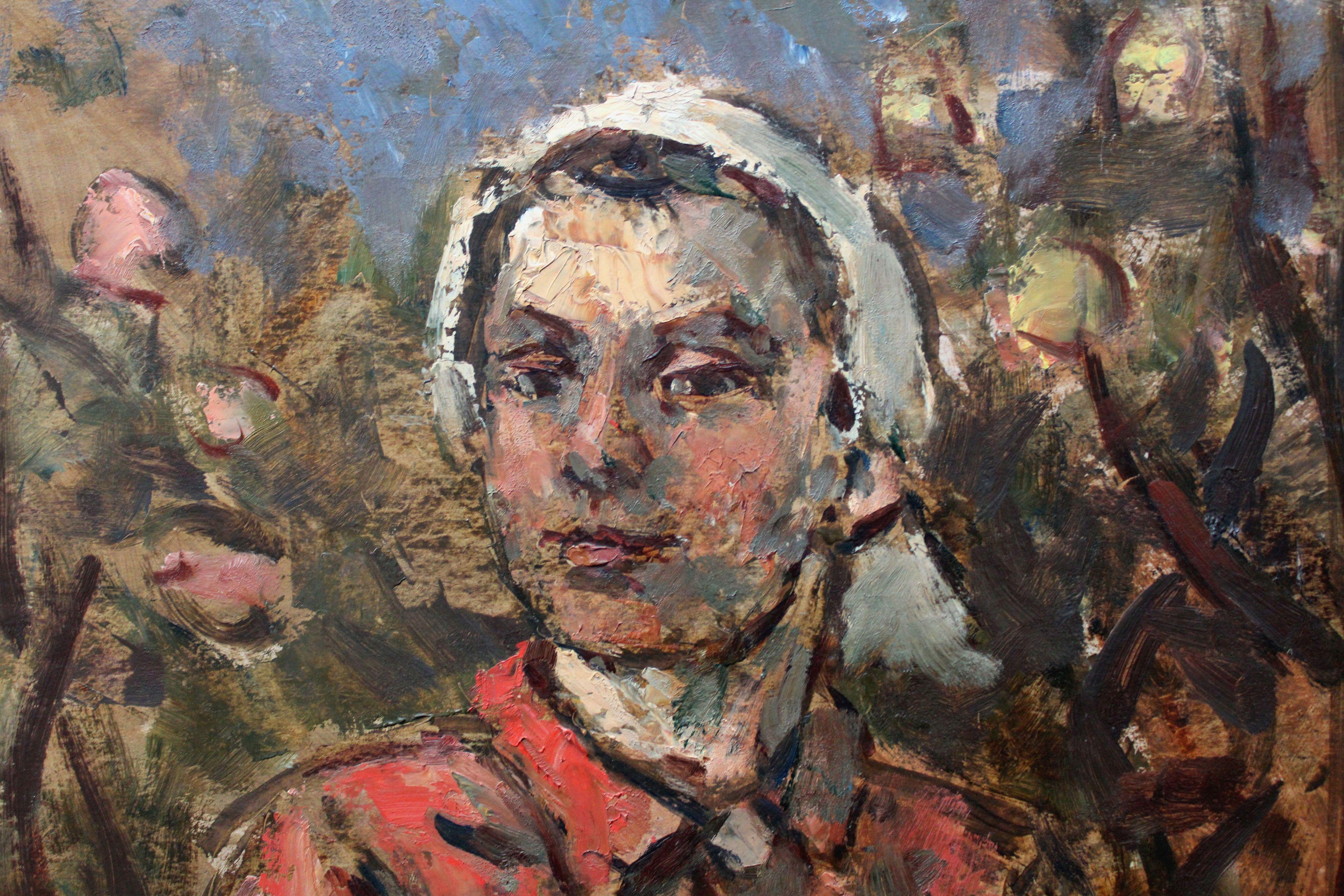 En el jardín de otoño. Óleo sobre cartón, 80 x 57 cm - Figurative Painting Marrón de Janis Rikmanis