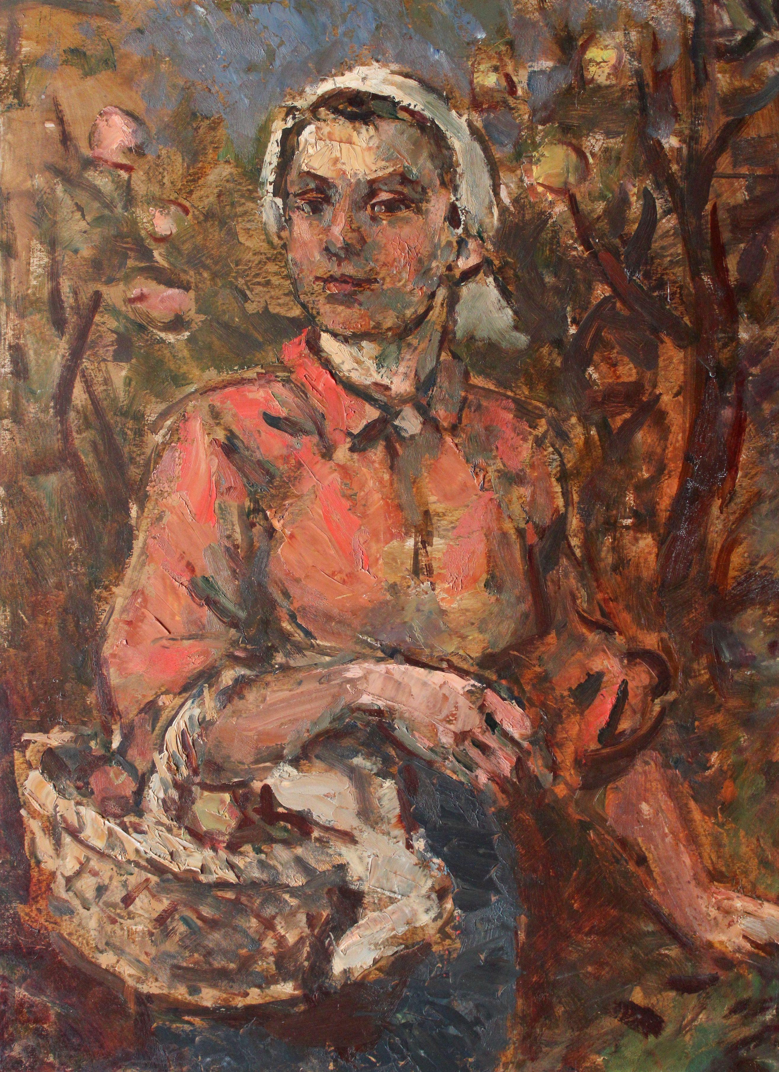 Janis Rikmanis Figurative Painting - At the autumn garden. Oil on cardboard, 80 x 57 cm