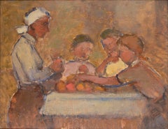 À table, huile sur carton, 76x97 cm. Non signé