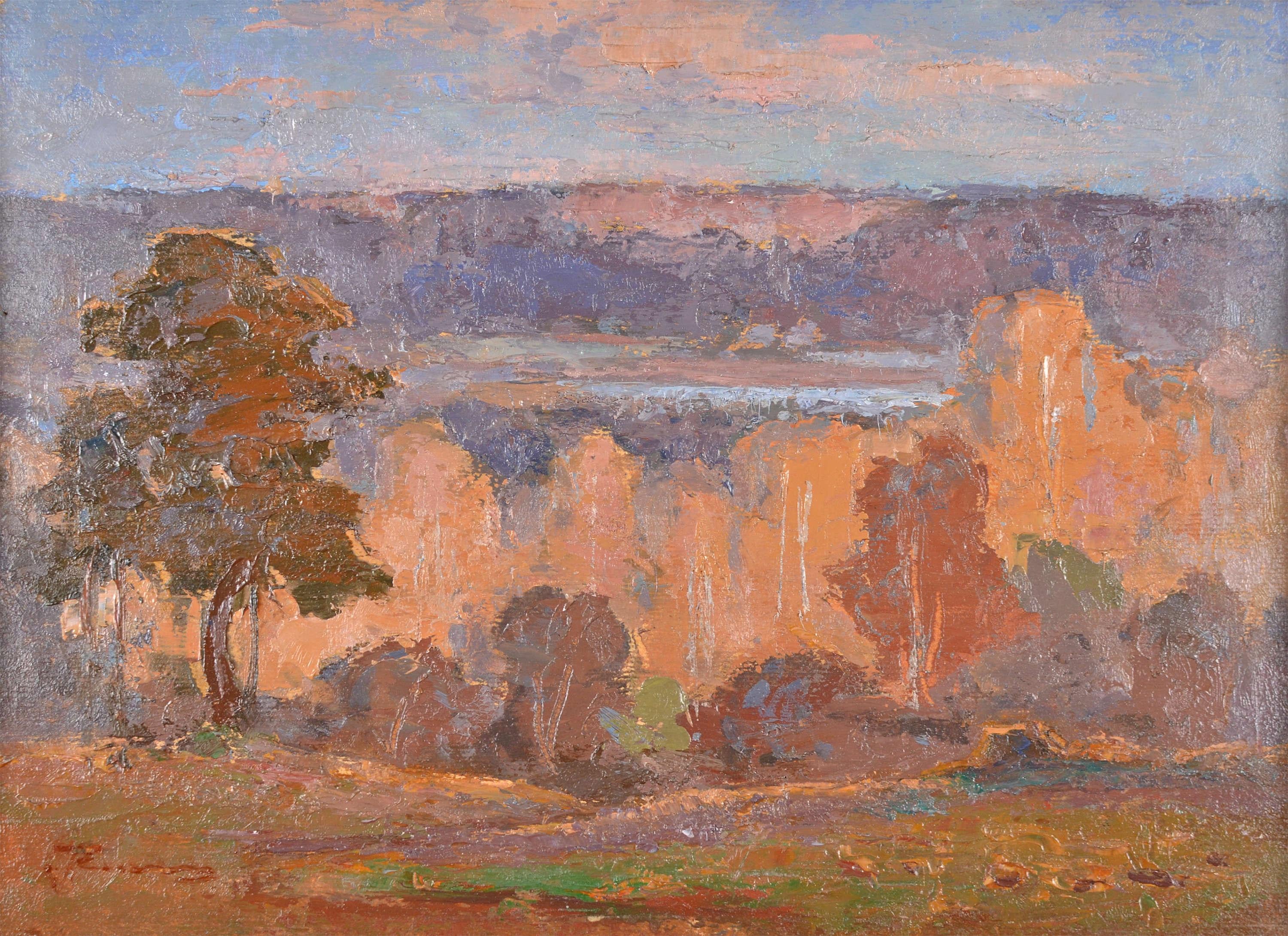 View of the Lake, Oil on Cardboard, Landscape Painting, 26x36.5 cm