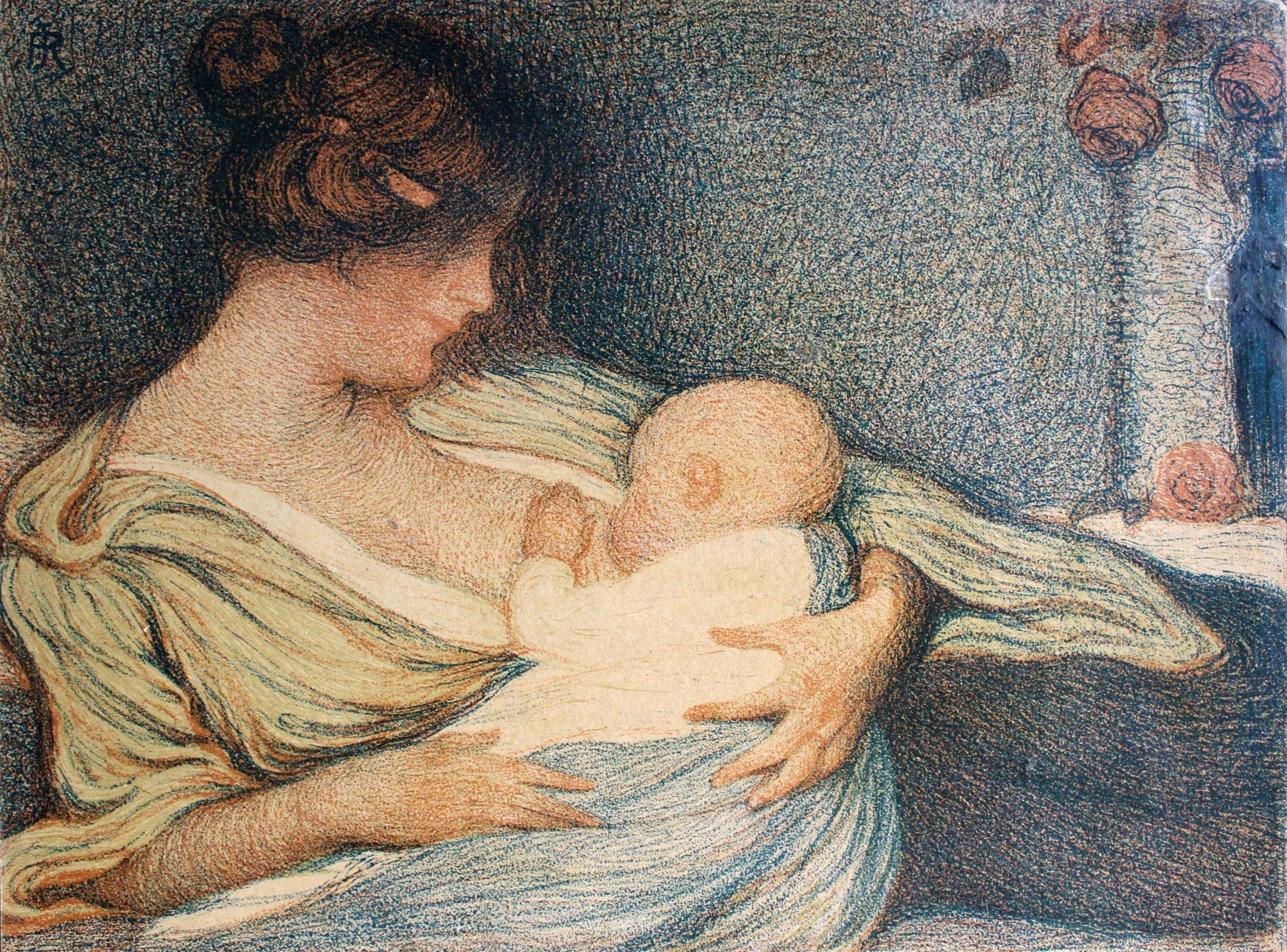 Janis Rozentāls Figurative Print – Mutter mit Kind, Papier/Lithographie, 19x25,5 cm