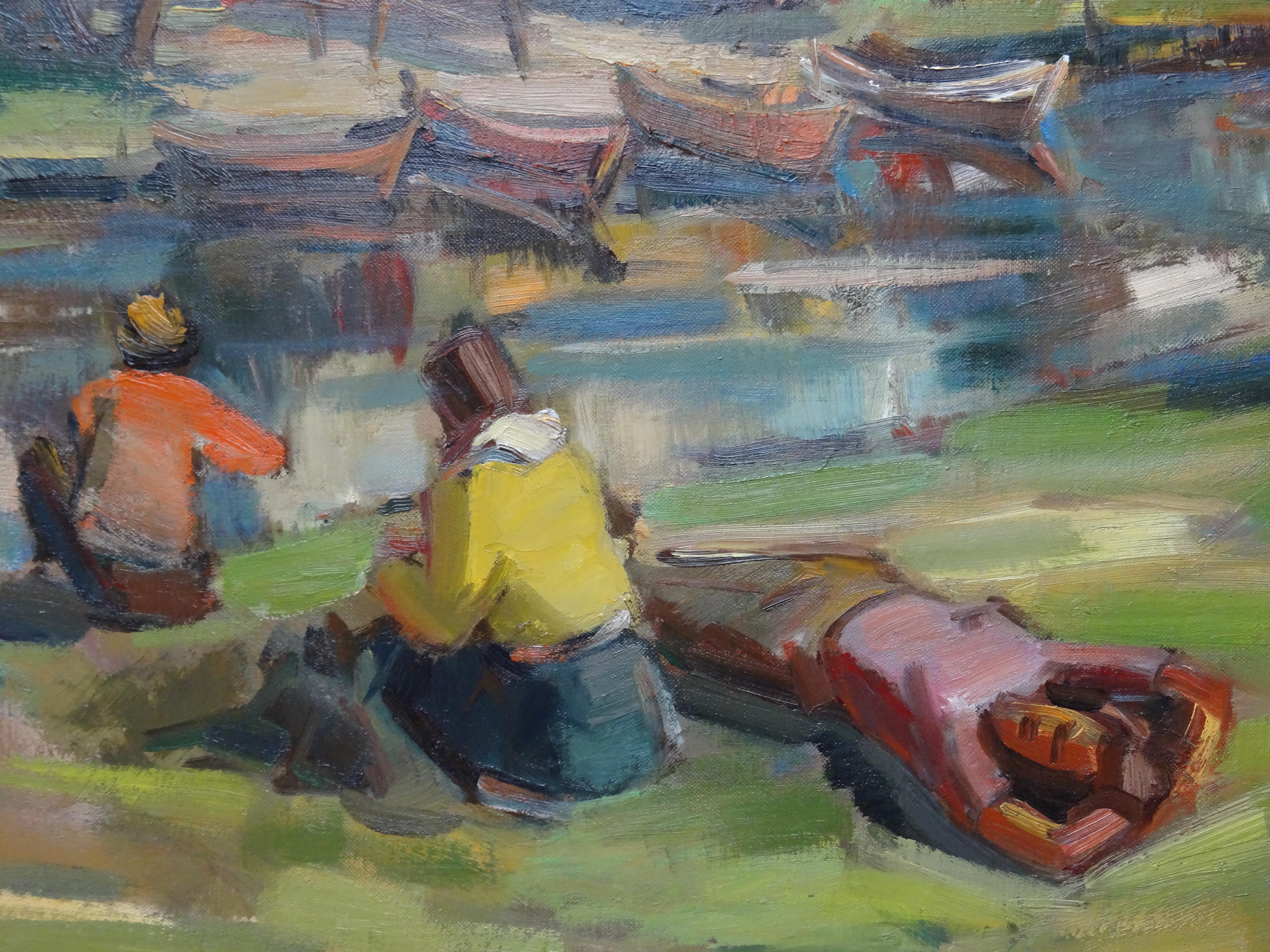 By the river. Canvas, cardboard, oil, 55.5x70.5 cm - Impressionist Painting by Janis Rudolfs Zuntaks