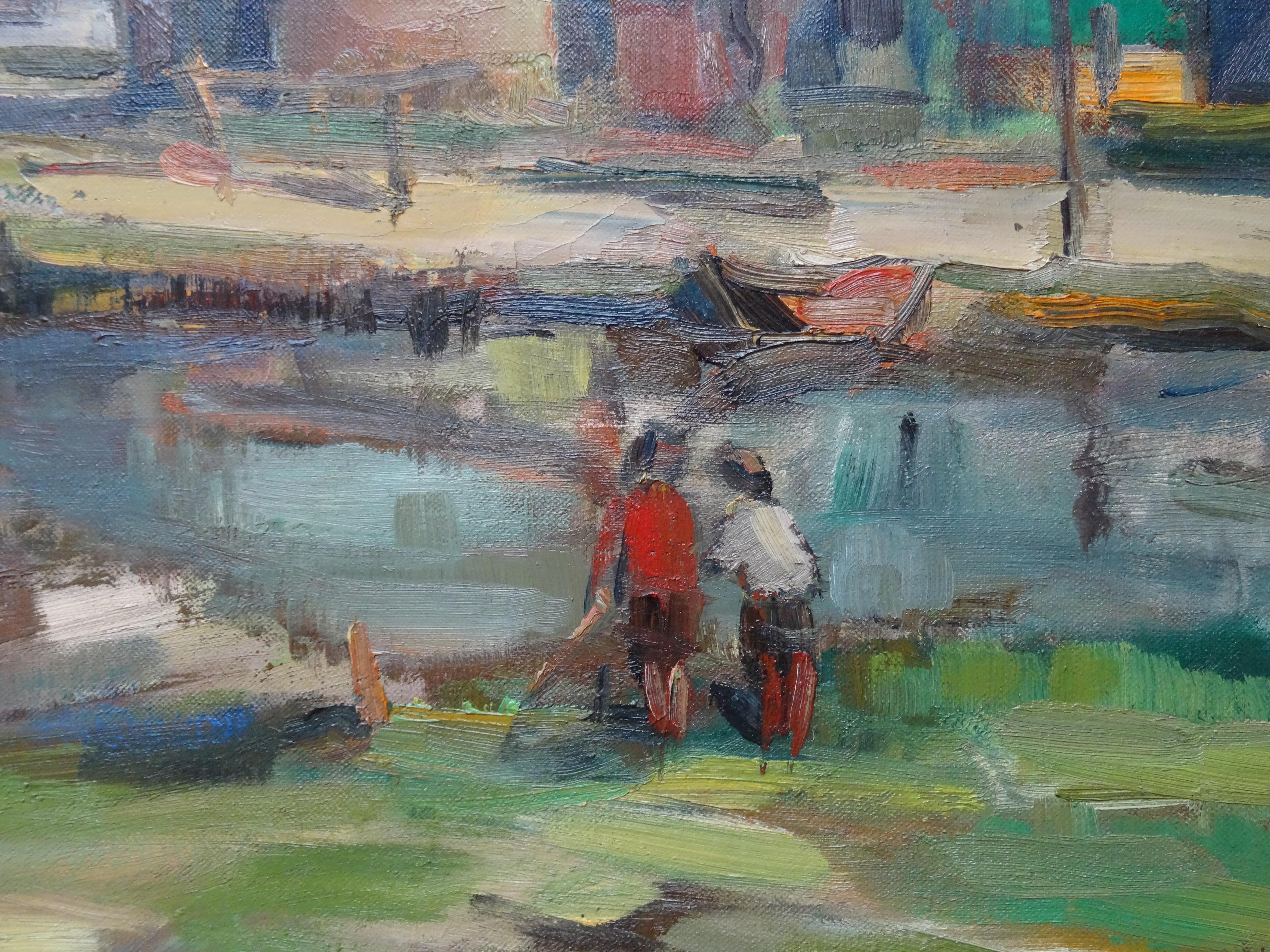 By the river. Canvas, cardboard, oil, 55.5x70.5 cm - Gray Figurative Painting by Janis Rudolfs Zuntaks