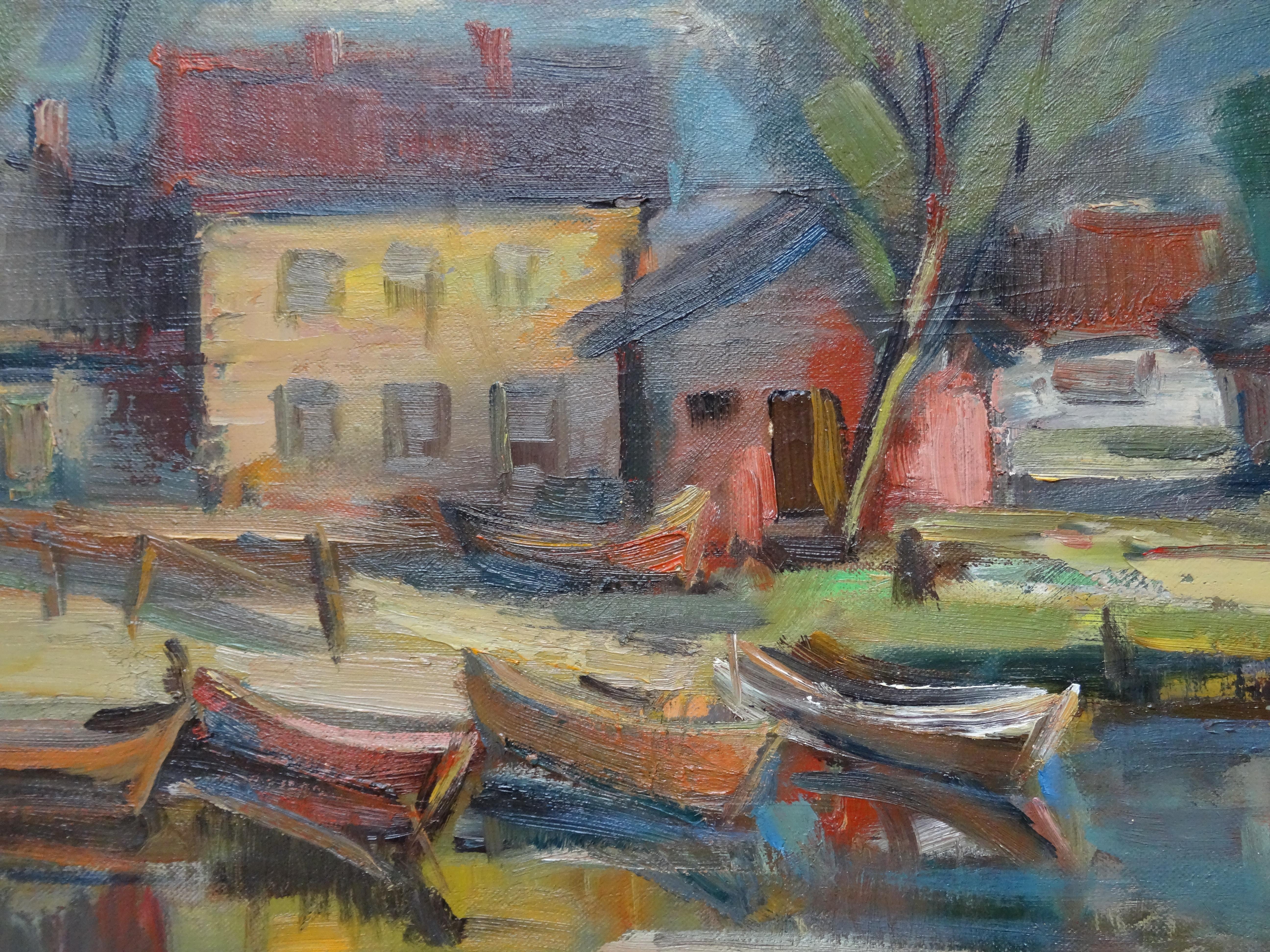 By the river. Canvas, cardboard, oil, 55.5x70.5 cm For Sale 1