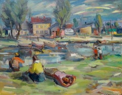 By the river. Canvas, cardboard, oil, 55.5x70.5 cm