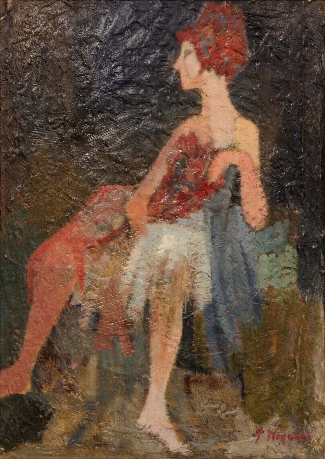 Le Shoppe Too in Michigan is offering an expressive figurative oil painting on canvas depicting an elegant female woman by Janis Wagoner. Dimensions: 15.25 W x 1.5 D x 20.75 H (framed). In very good vintage condition. 
  