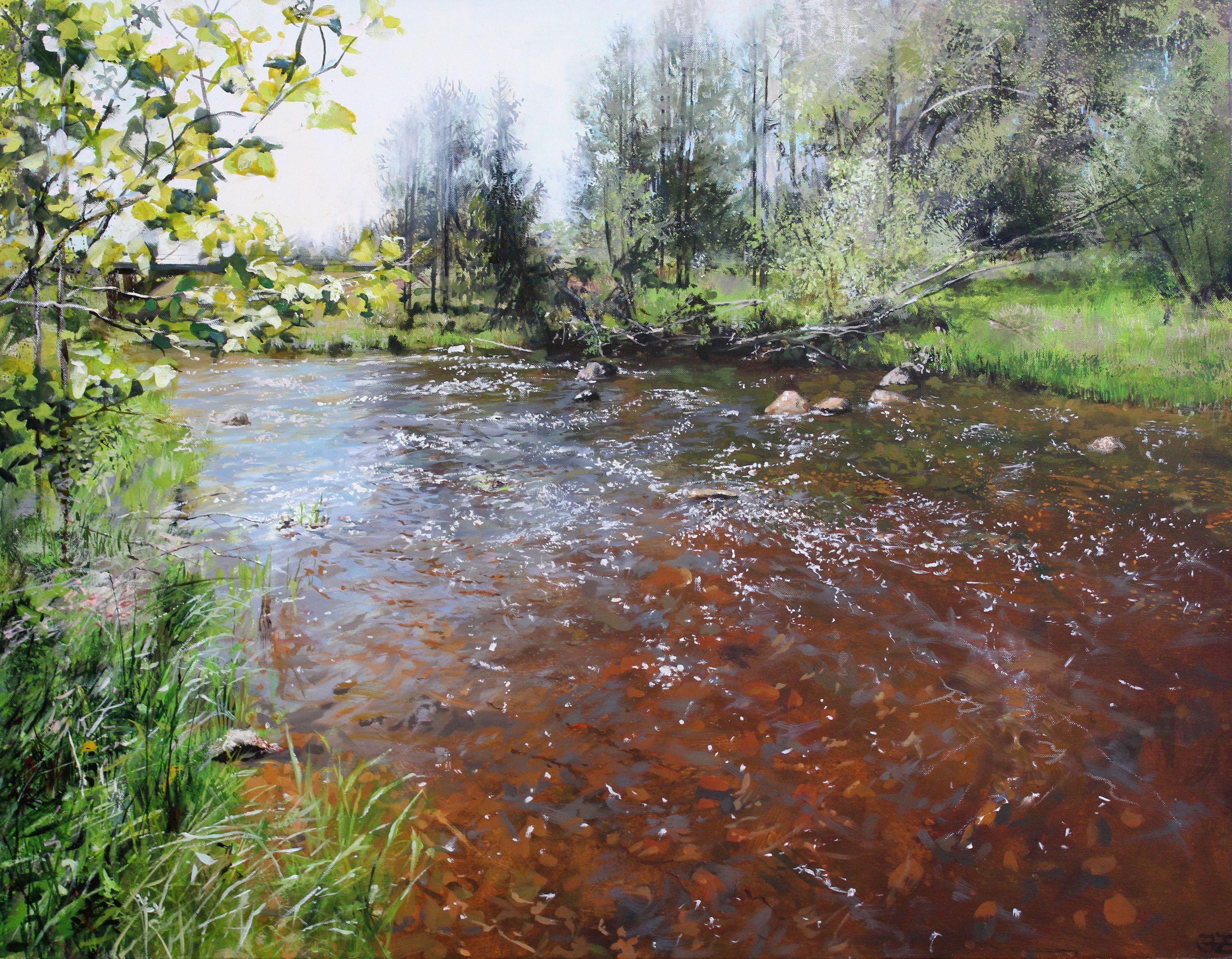 Amata river in spring. 2024, oil on canvas, 70x90 cm - Painting by Janis Zingitis