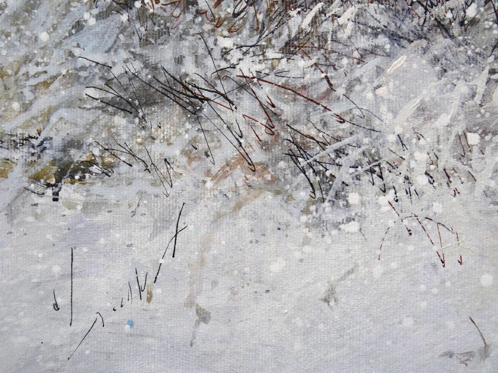Heavy snow, 2021. Oil on canvas, 49x57 cm - Painting by Janis Zingitis