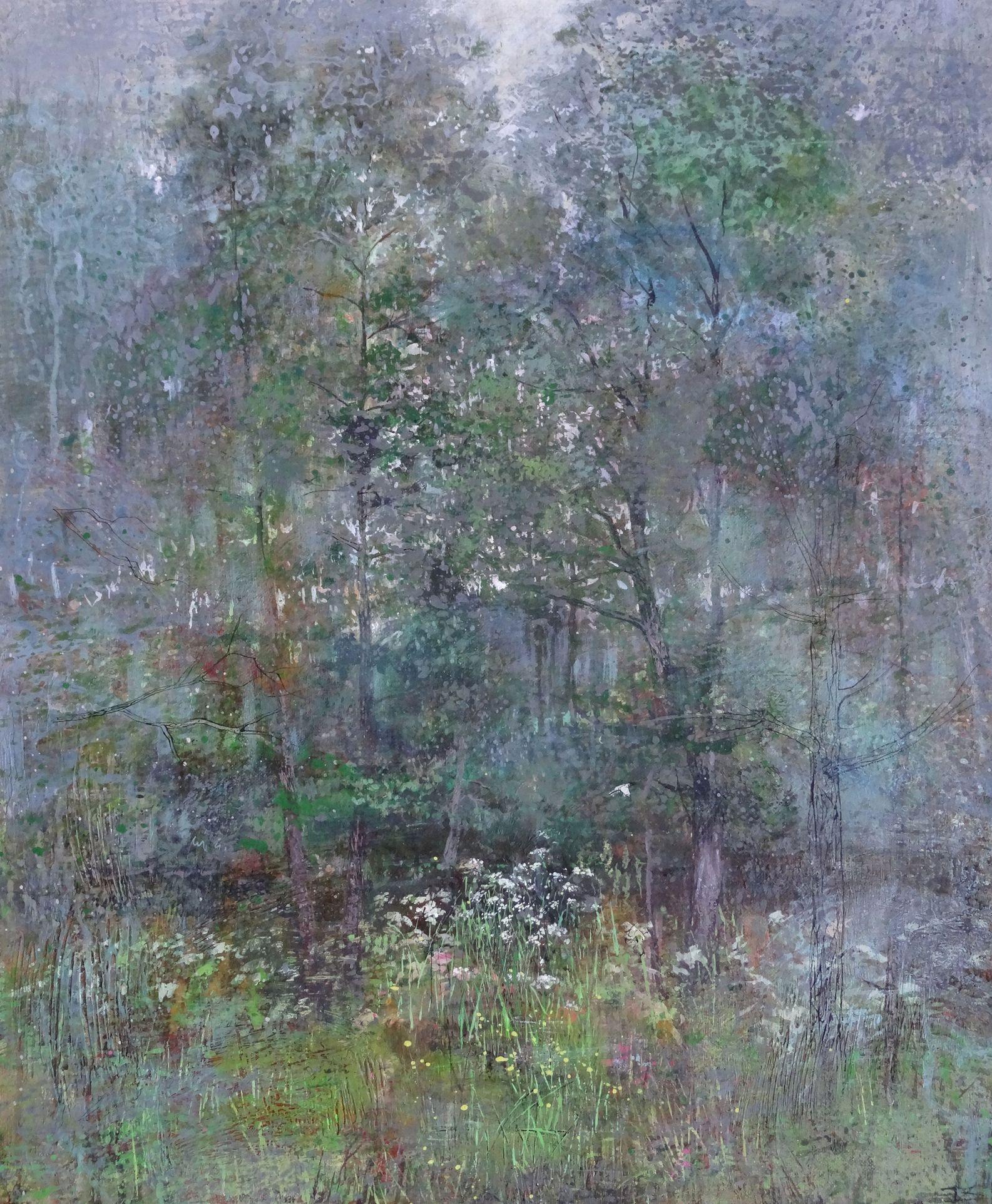 Janis Zingitis Landscape Painting - It's raining like in the Midsummer. 2017, mixed media on canvas, 60x50 cm