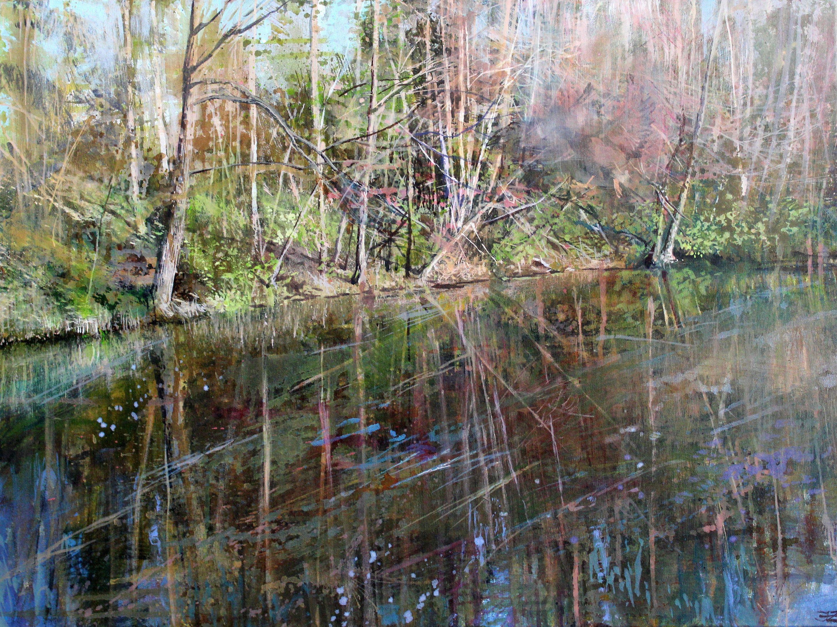 Lake shore in spring. 2023, acrylic on canvas, 60x80 cm - Painting by Janis Zingitis