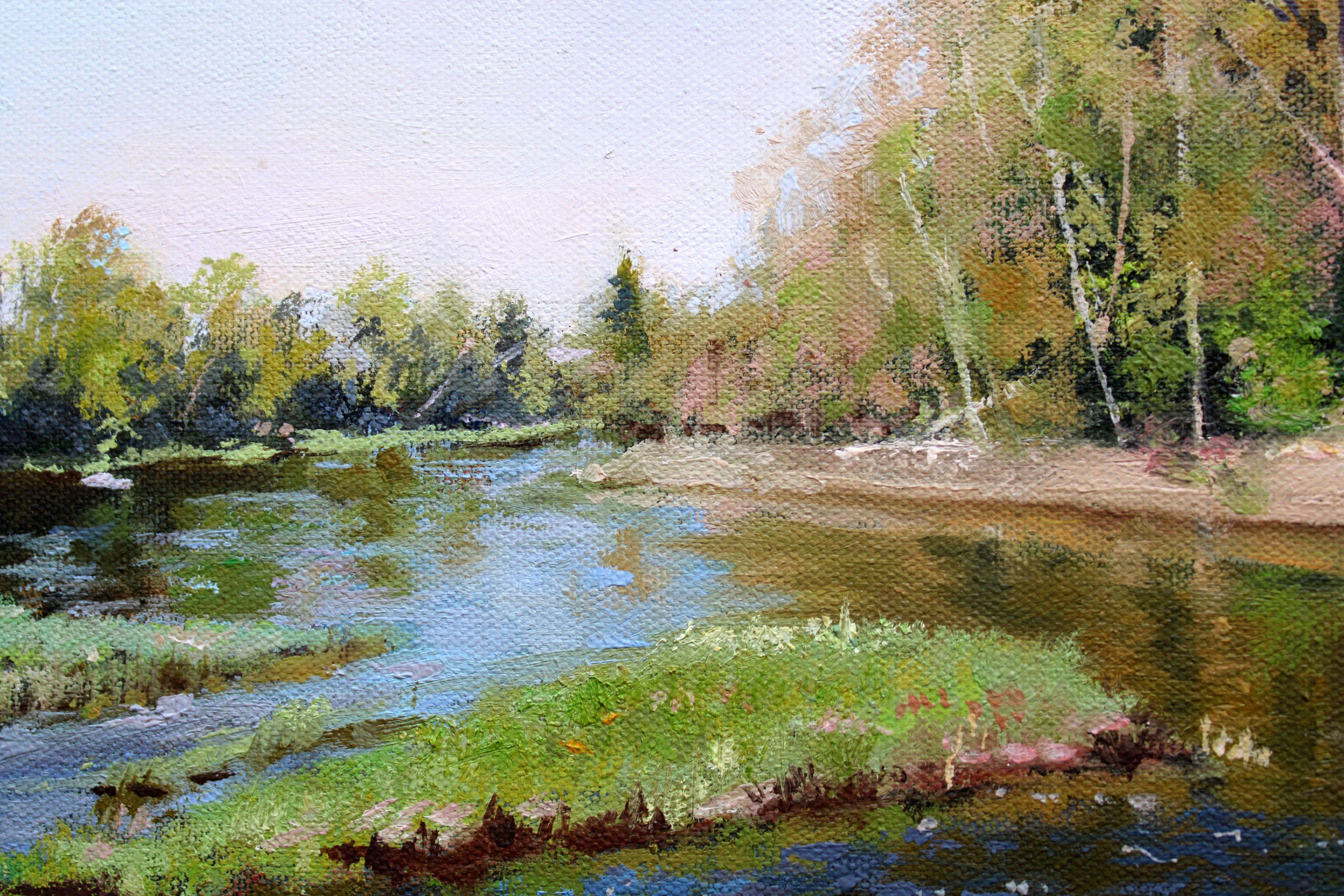 Mai. Der Lobe River fließt in Ogre ein. Öl auf Leinwand, 40x50 cm, Öl (Braun), Landscape Painting, von Janis Zingitis