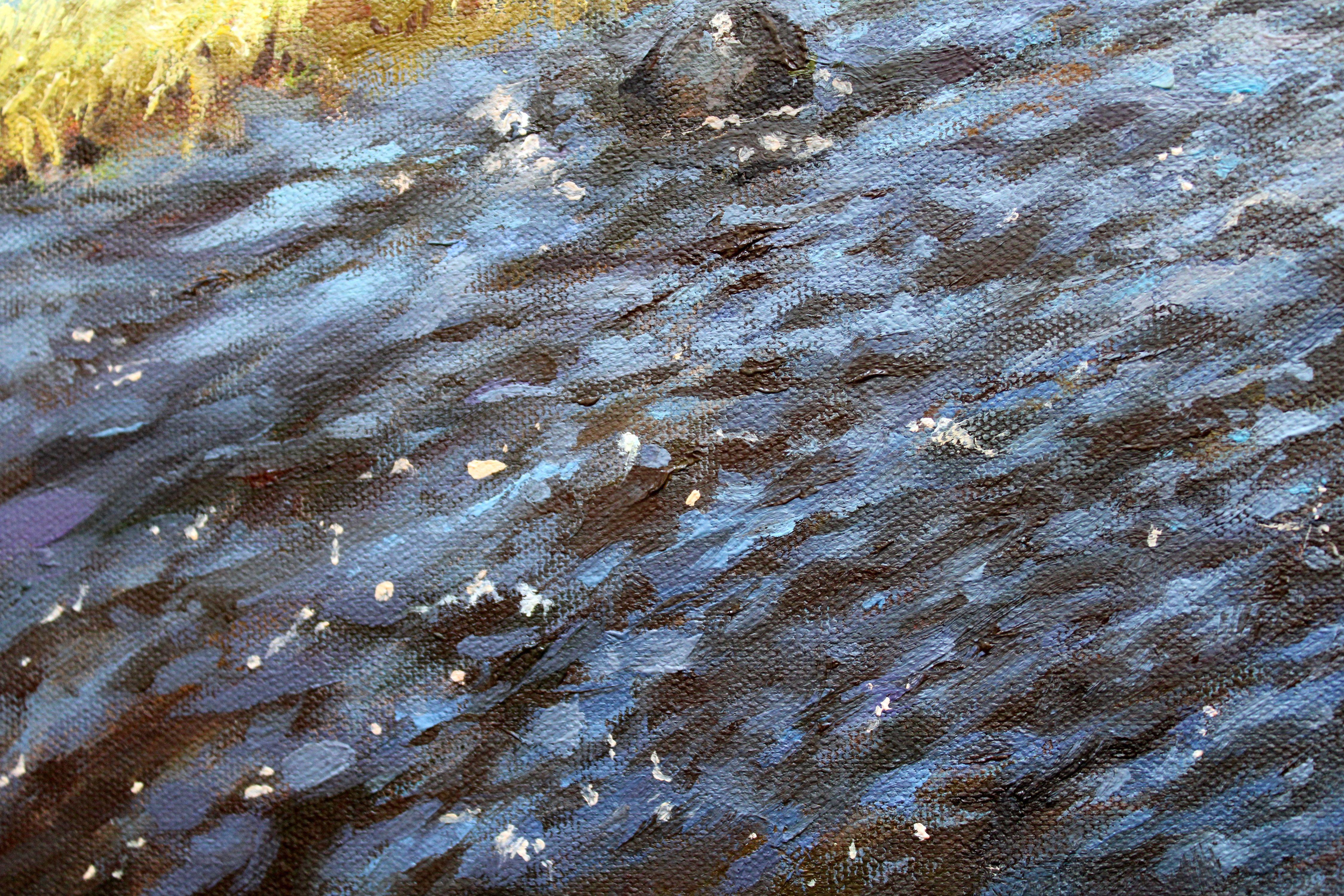 Mai. Der Lobe River fließt in Ogre ein. Öl auf Leinwand, 40x50 cm, Öl

