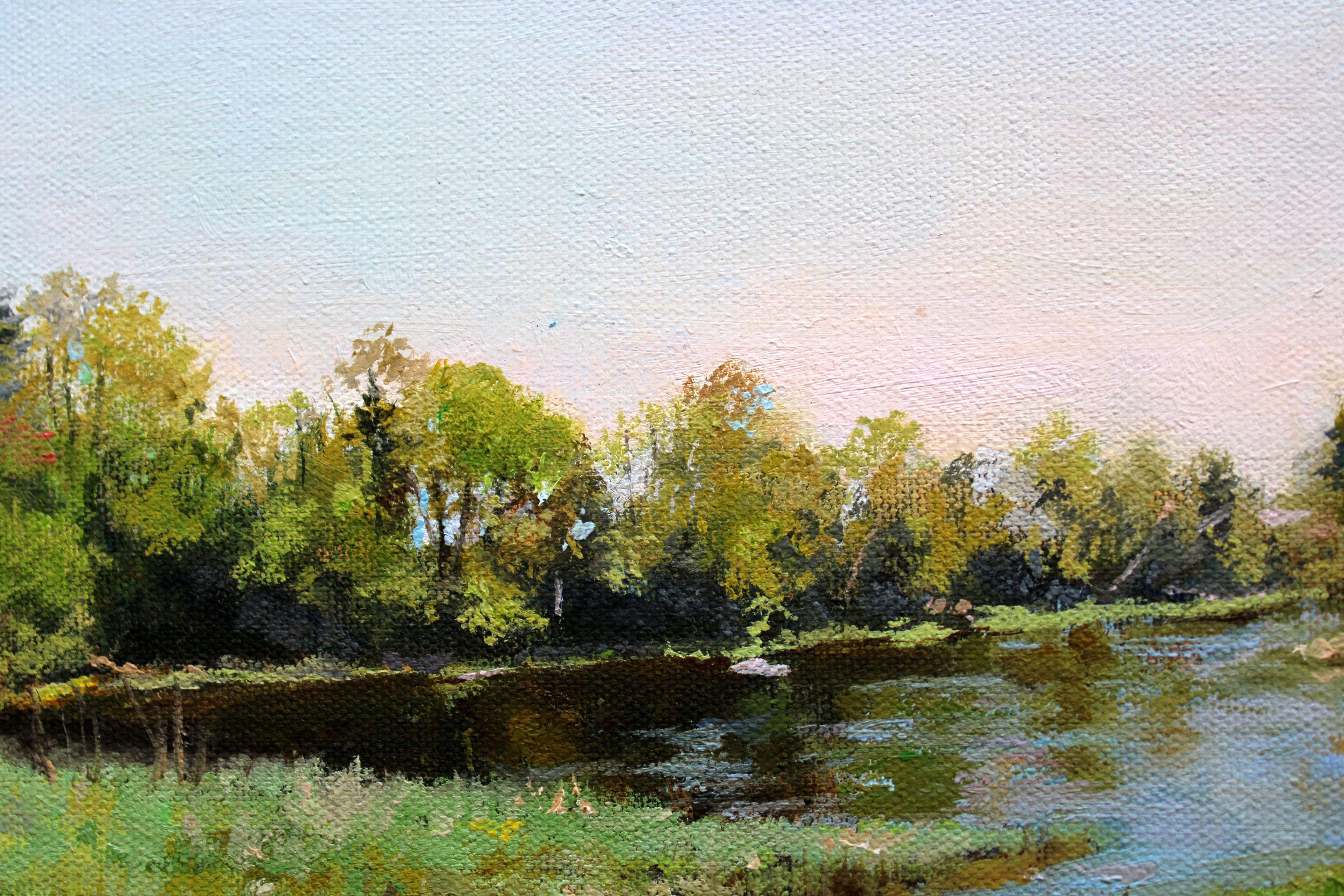 Mai. Der Lobe River fließt in Ogre ein. Öl auf Leinwand, 40x50 cm, Öl im Angebot 1