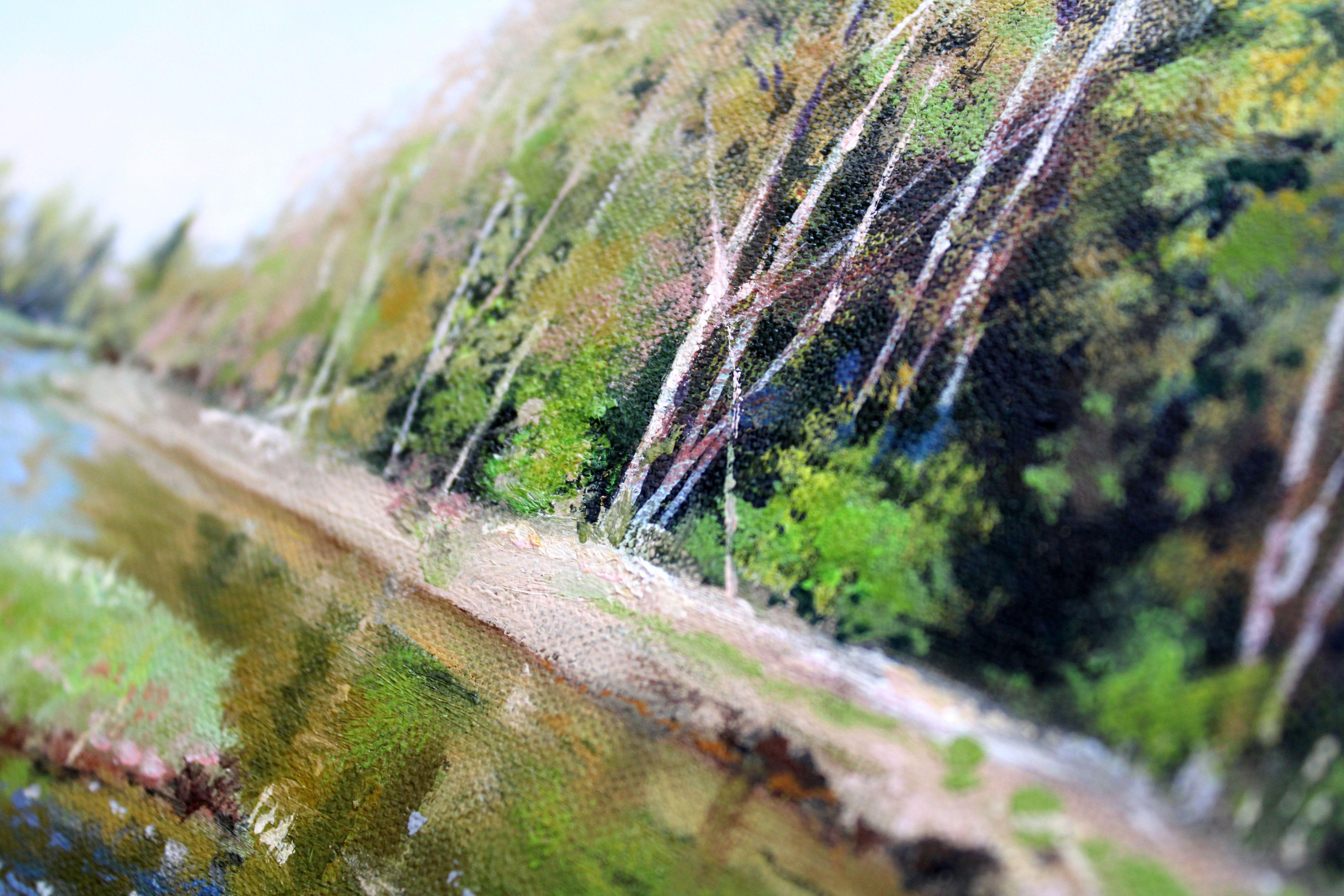 Mai. Der Lobe River fließt in Ogre ein. Öl auf Leinwand, 40x50 cm, Öl im Angebot 2