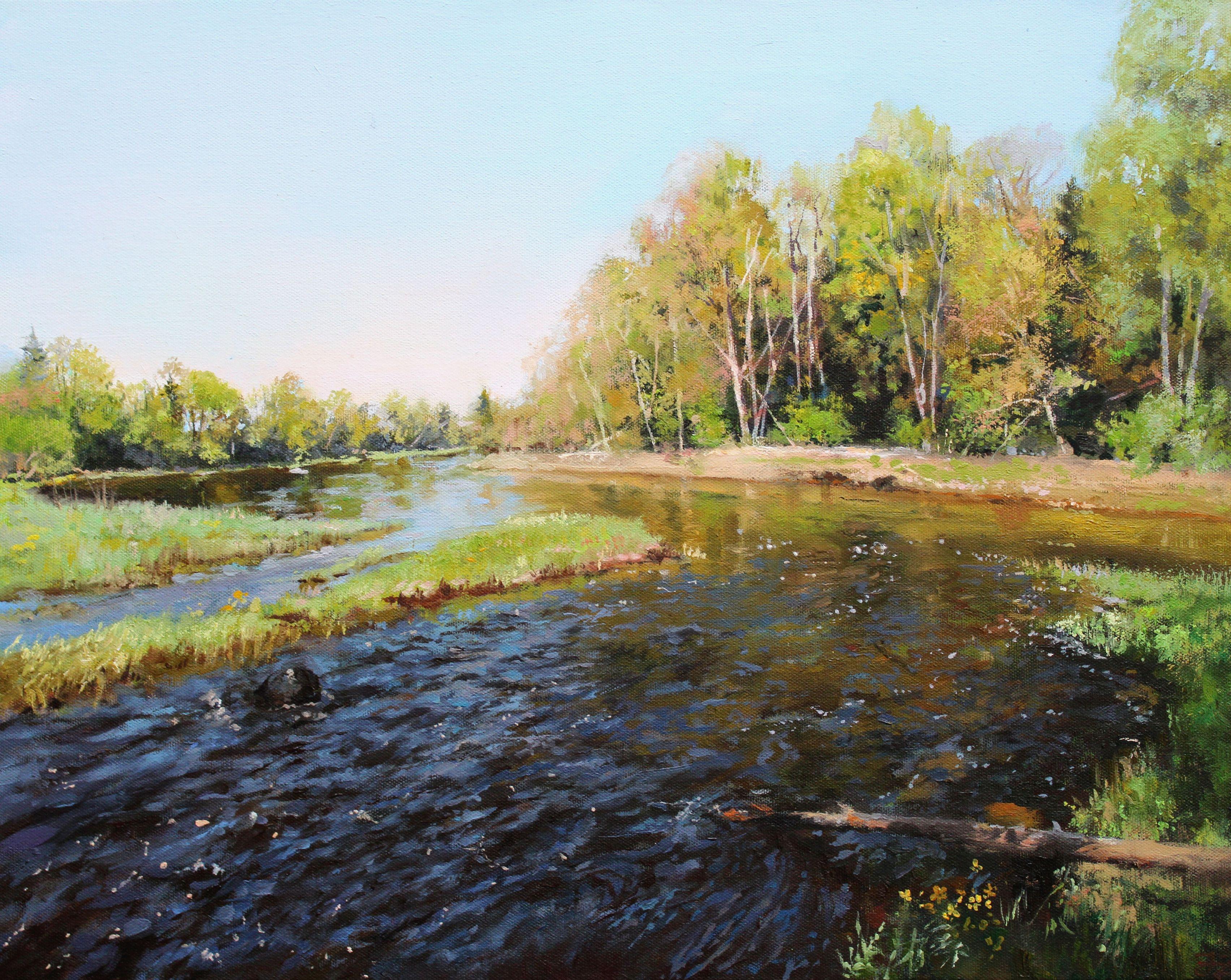 Janis Zingitis Landscape Painting - May. The Lobe River flows into Ogre. Oil on canvas, 40x50 cm