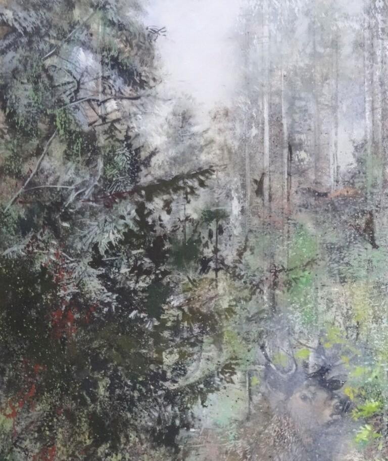 Mixed coniferous forest. 2019. Oil on canvas, 120x90 cm - Realist Painting by Janis Zingitis