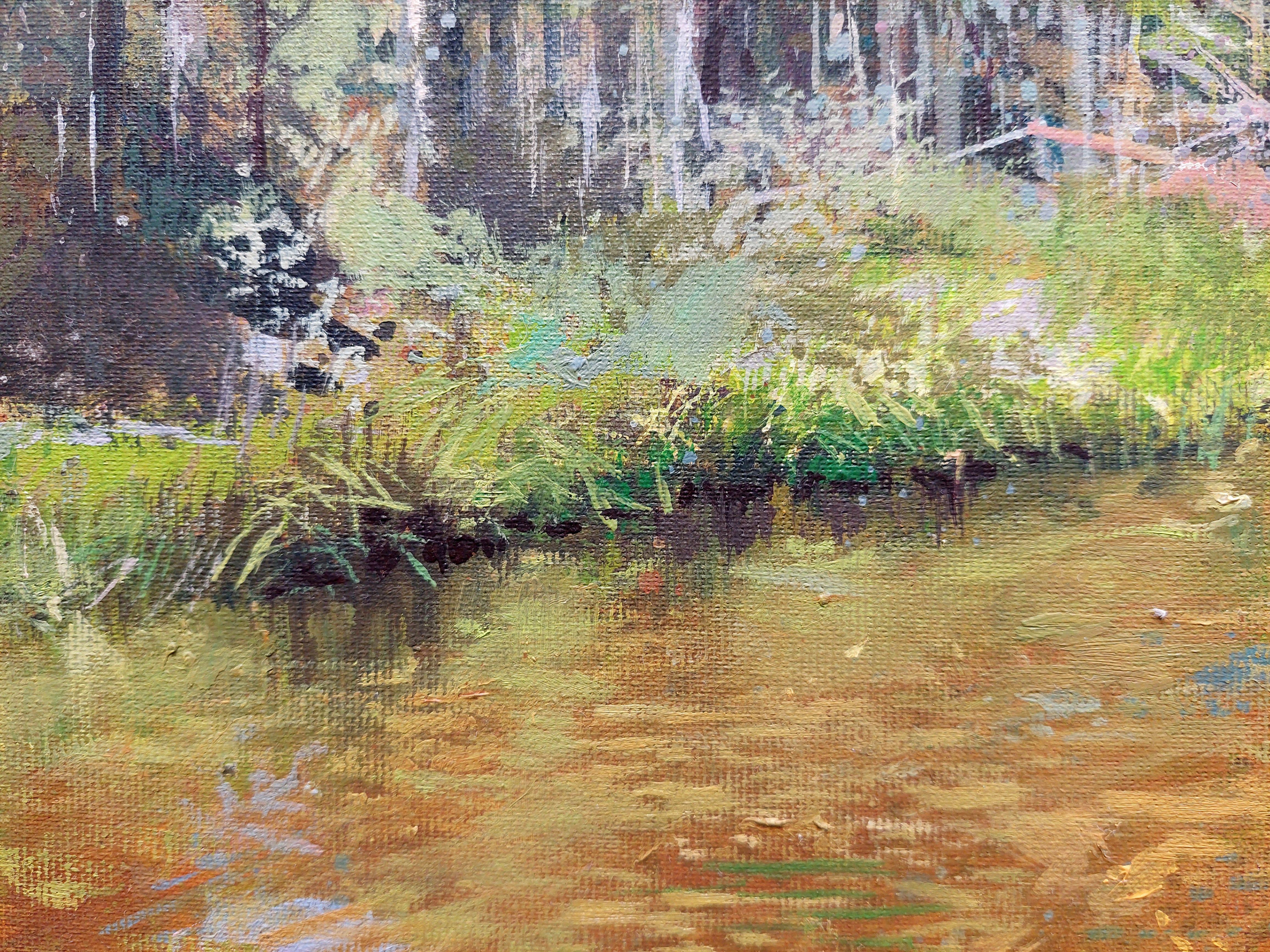River in May, 2022., oil on canvas, 60x80 cm - Brown Landscape Painting by Janis Zingitis