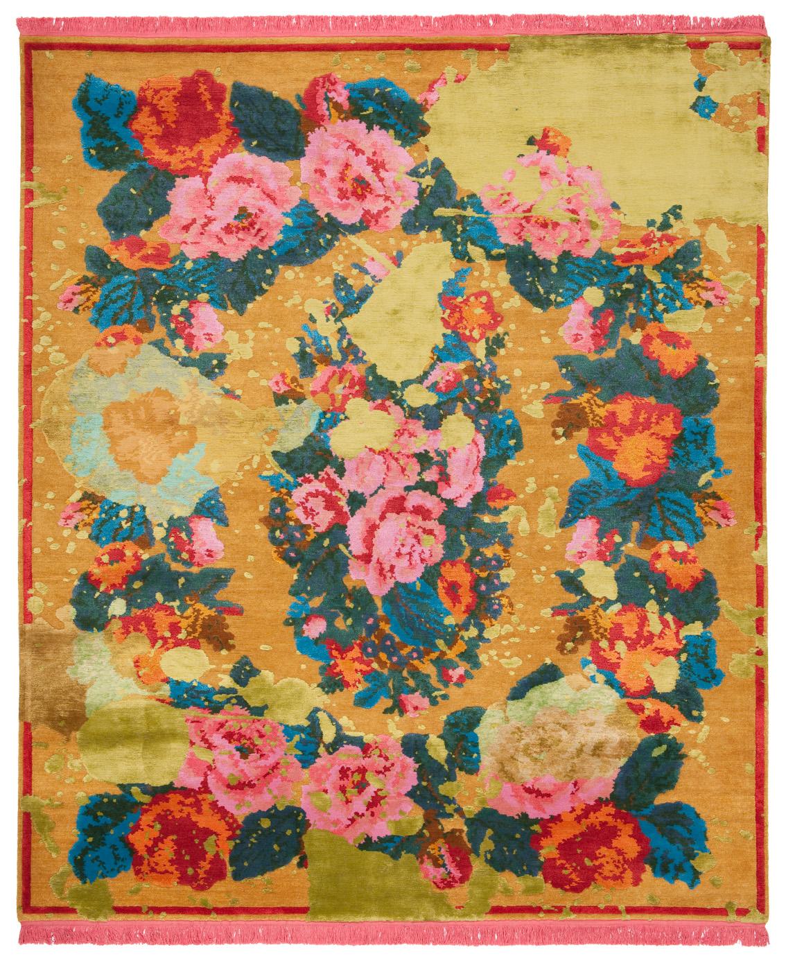 Designed by Jan Kath, this hand-knotted rug is from a collection inspired by carpets made in Karabakh and other provinces in southern Russia around 1900. The patterns are created using rich, bright colors of Tibetan highland wool and Chinese silk,