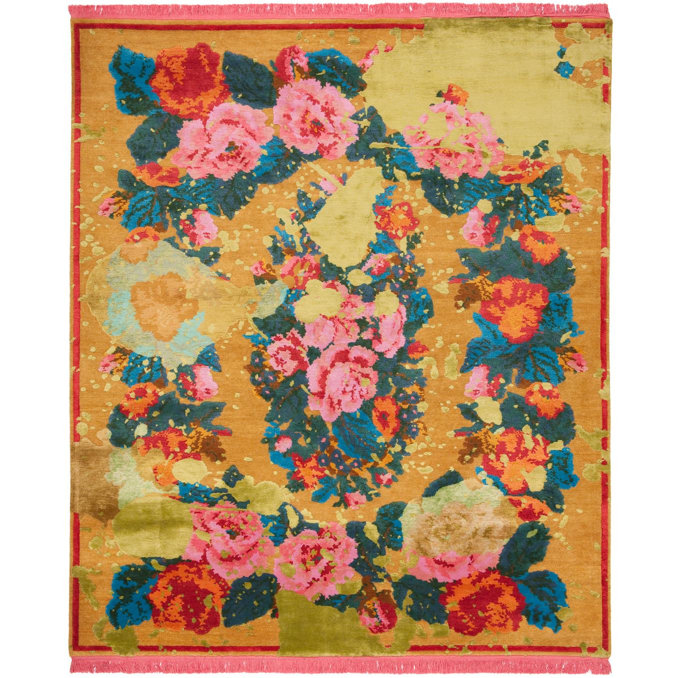 Janka Splashed Hand-Knotted Silk and Wool Blend Rug with Fringes