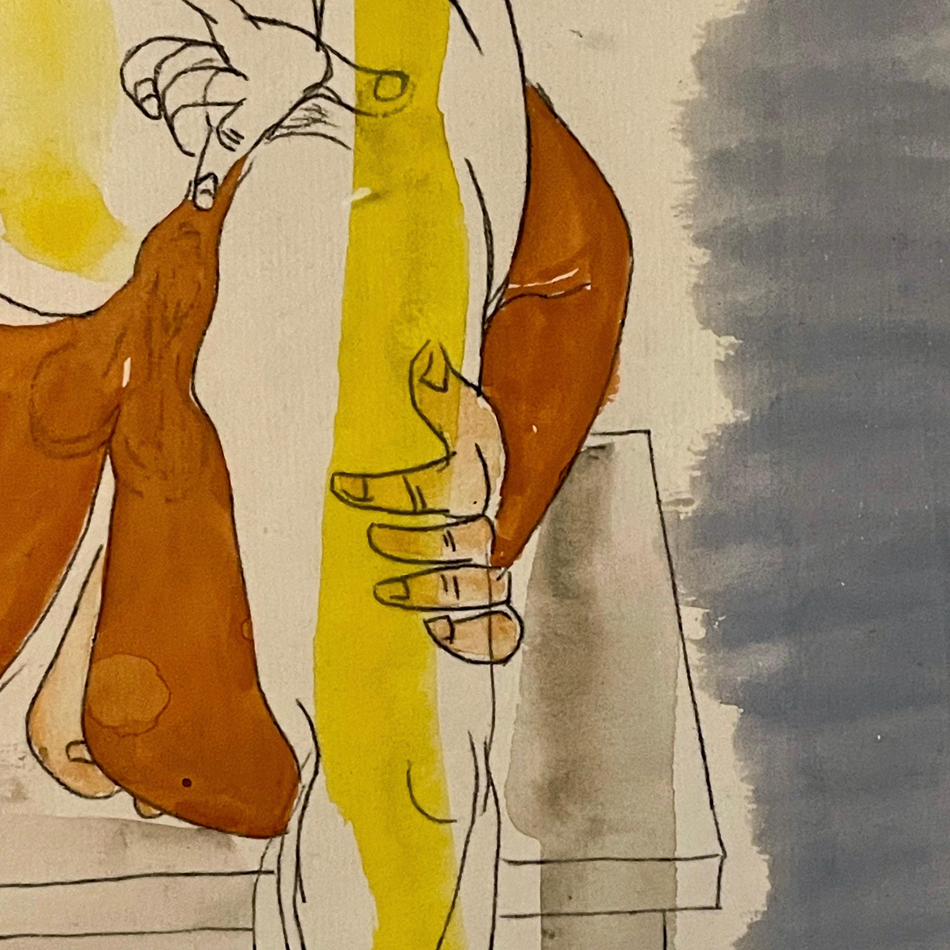 British Jankel Adler Erotic Work on Paper of a Couple on a Bench - Graphite and Gouache For Sale