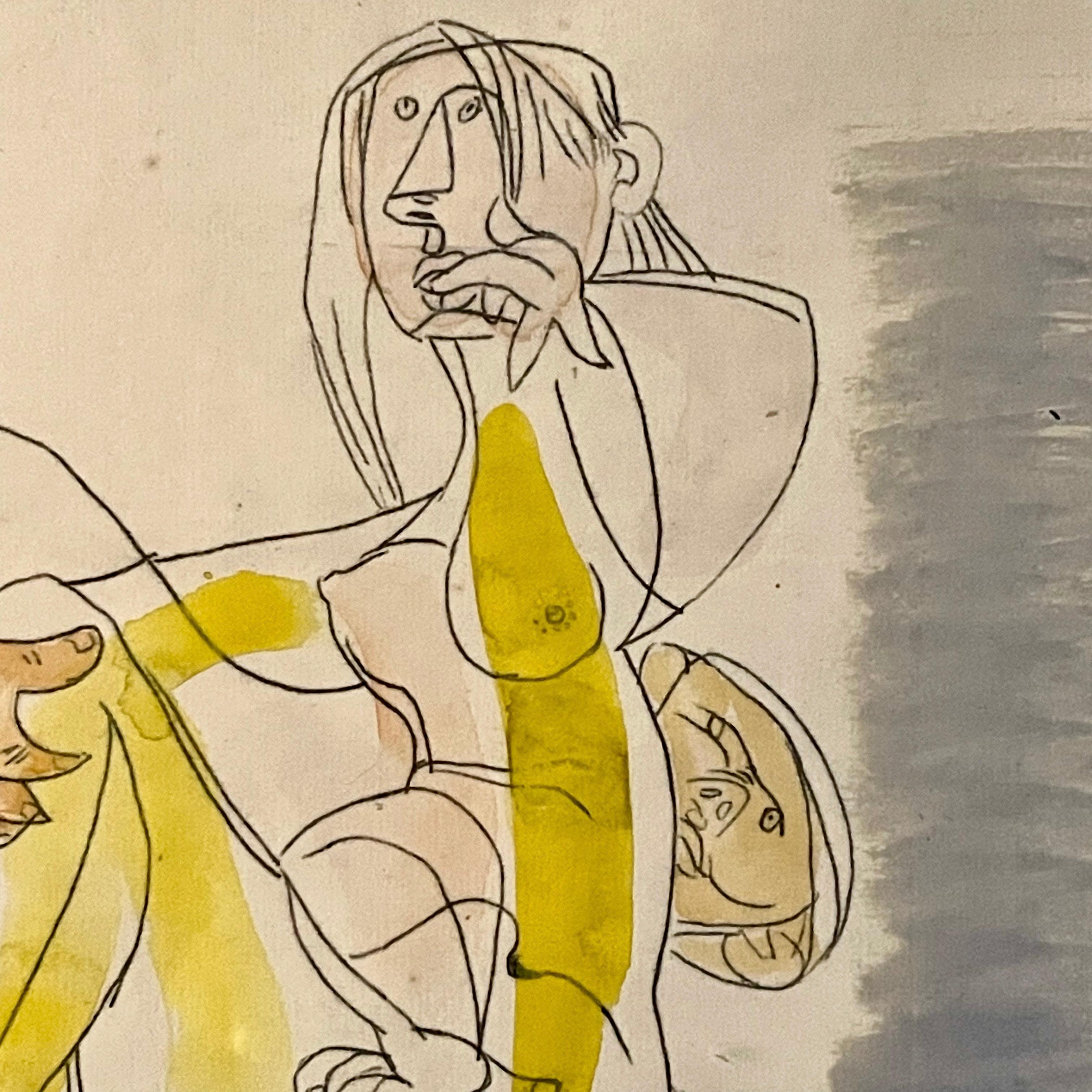 Mid-20th Century Jankel Adler Erotic Work on Paper of a Couple on a Bench - Graphite and Gouache For Sale