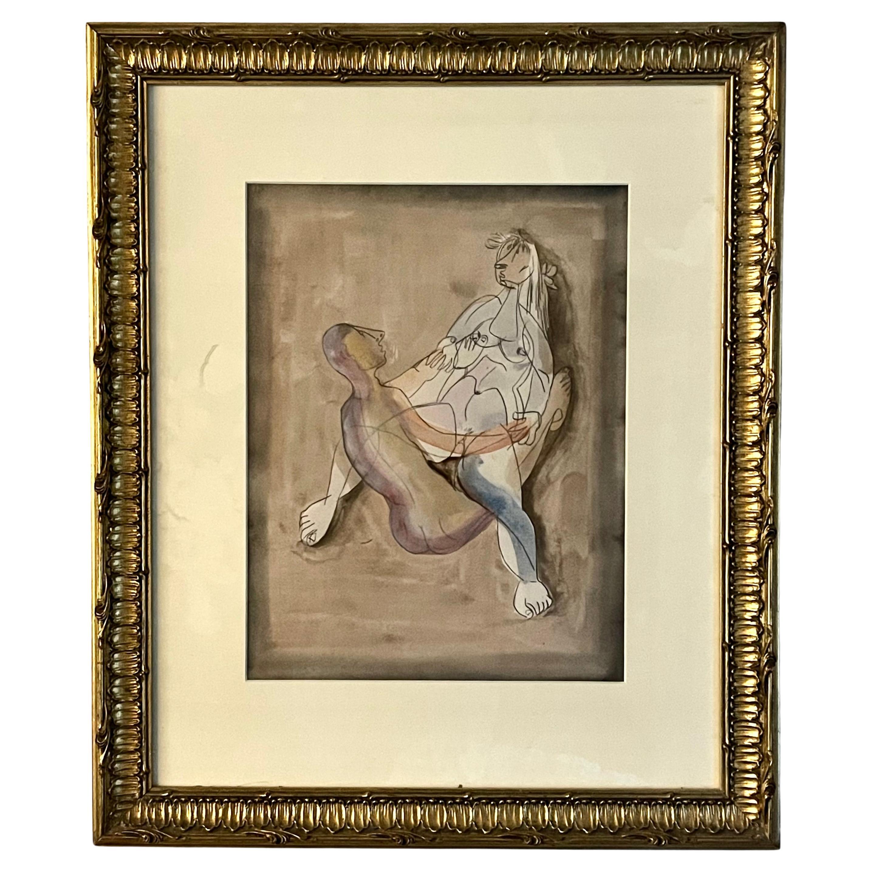 Jankel Adler Erotic Work on Paper of a Seated Couple - Graphite & Gouache, 1940s For Sale