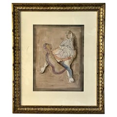 Vintage Jankel Adler Erotic Work on Paper of a Seated Couple - Graphite & Gouache, 1940s