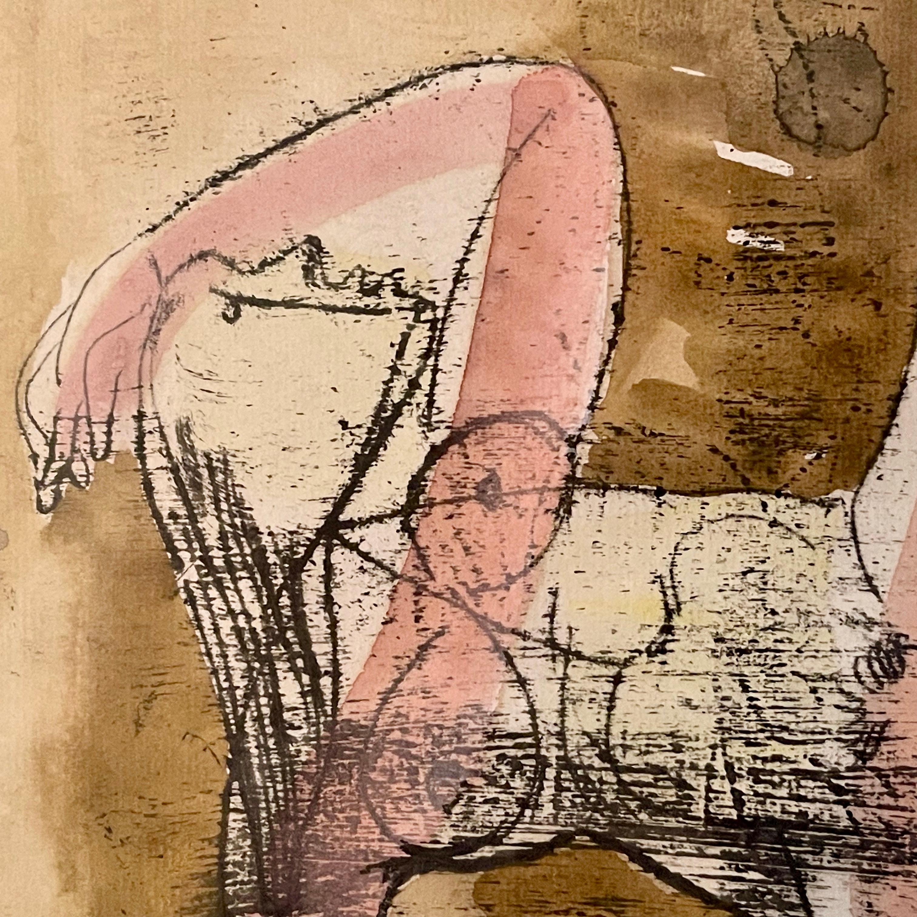Mid-Century Modern Jankel Adler Erotic Work on Paper, Standing Couple - Monotype and Gouache, 1940s For Sale