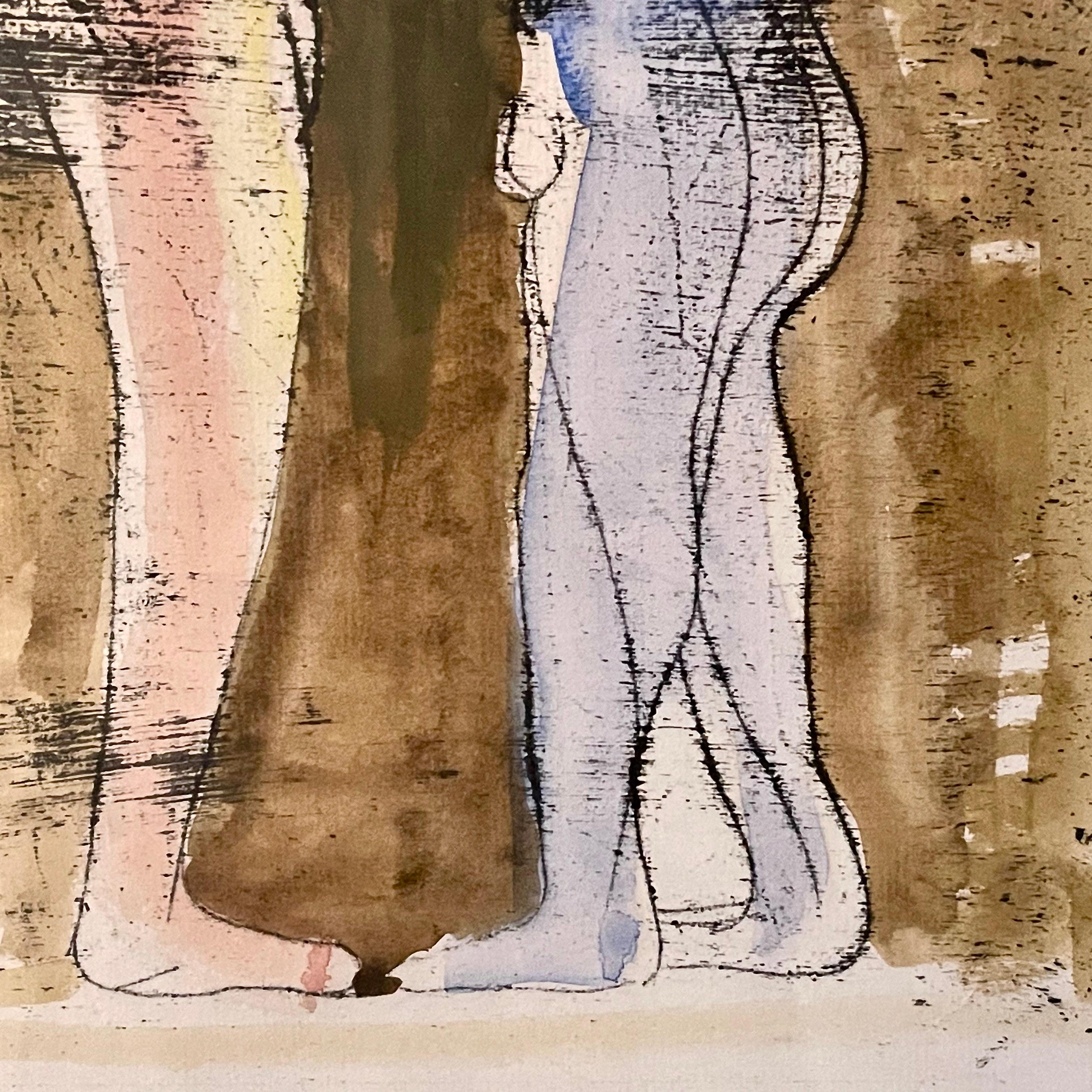 British Jankel Adler Erotic Work on Paper, Standing Couple - Monotype and Gouache, 1940s For Sale